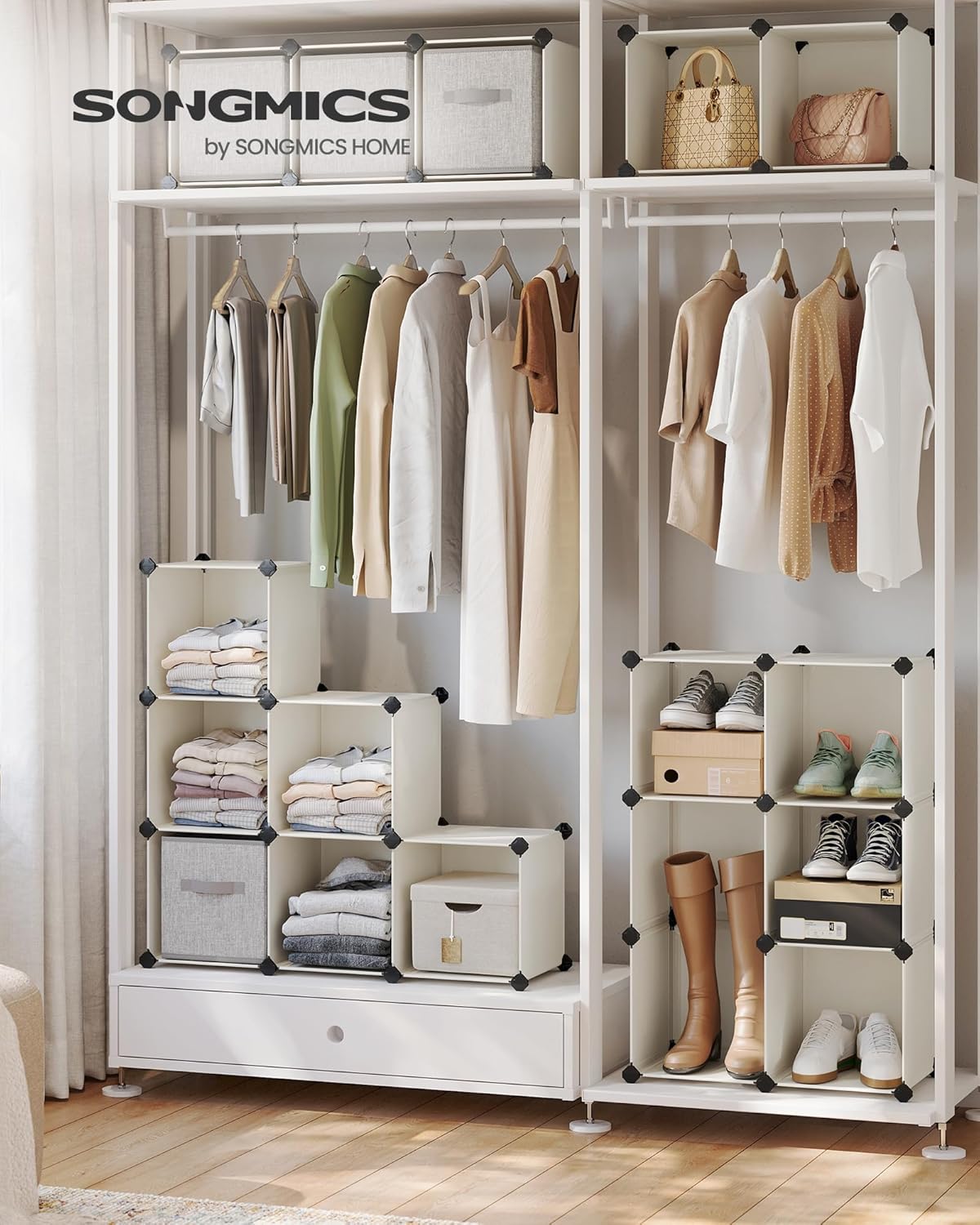 SONGMICS Cube Storage Organizer, Set of 16 Plastic Cubes, Closet Organizers and Storage, Room Organization, Bedroom Living Room, 12.2 x 48.4 x 48.4 Inches, Cream White ULPC442M01