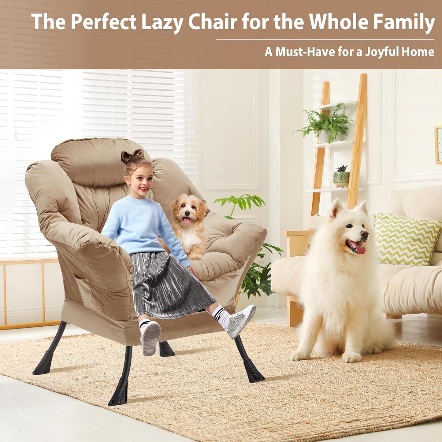 Lazy Chair Thick Padded, Comfy Velvet Accent Lounge Chair with Stable Frame, Leisure Sofa Armchair with Armrests and Side Pocket, Reading Chair for Bedroom, Living Room, Office, Khaki