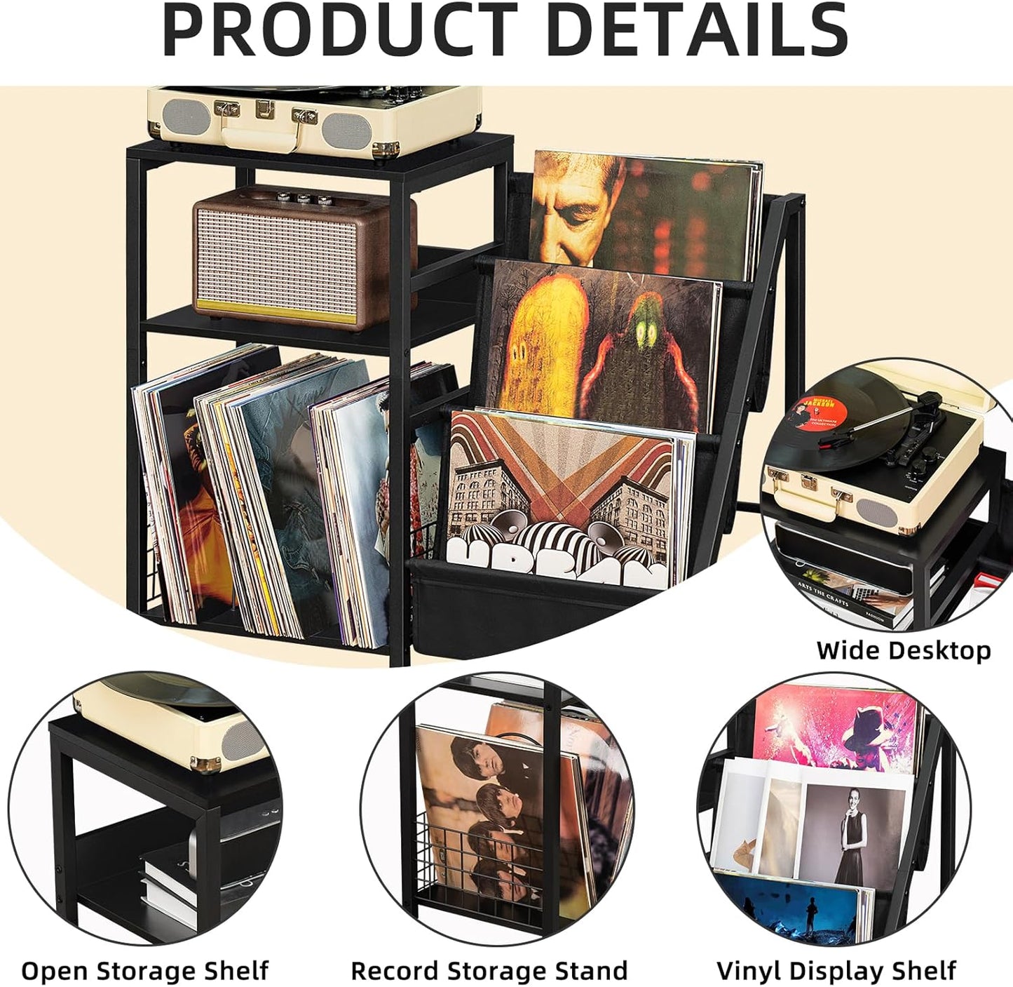 LELELINKY Black End Table,Record Player Stand with Vinyl Storage,3 Tier Side Table with Display Shelf Storage Up to 180 Albums, Large Record Holder for for Media Stereo Speaker, Amplifiers, Magazines