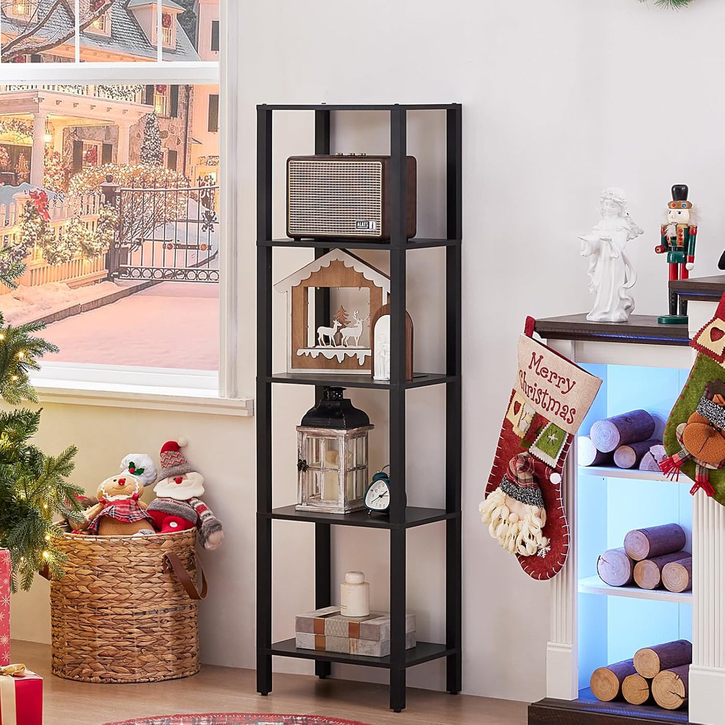 54in Tall Bookshelf 5-Tier Small Narrow Bookcase, Skinny Book Shelf for Small Space, Farmhouse Slim Shelf with Storage, Wood Freestanding Display Thin Bookshelves for Living Room, Office, Black