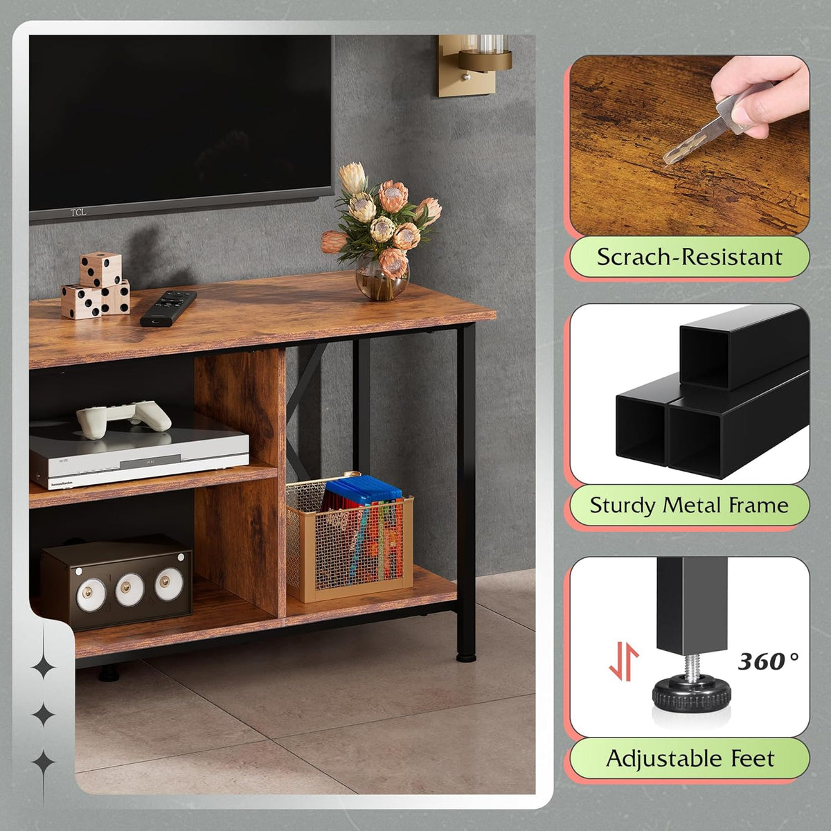 WLIVE TV Stand up to 45 Inch TV, 41" Entertainment Center with Open Storage Shelf for Living Room, Rustic Brown