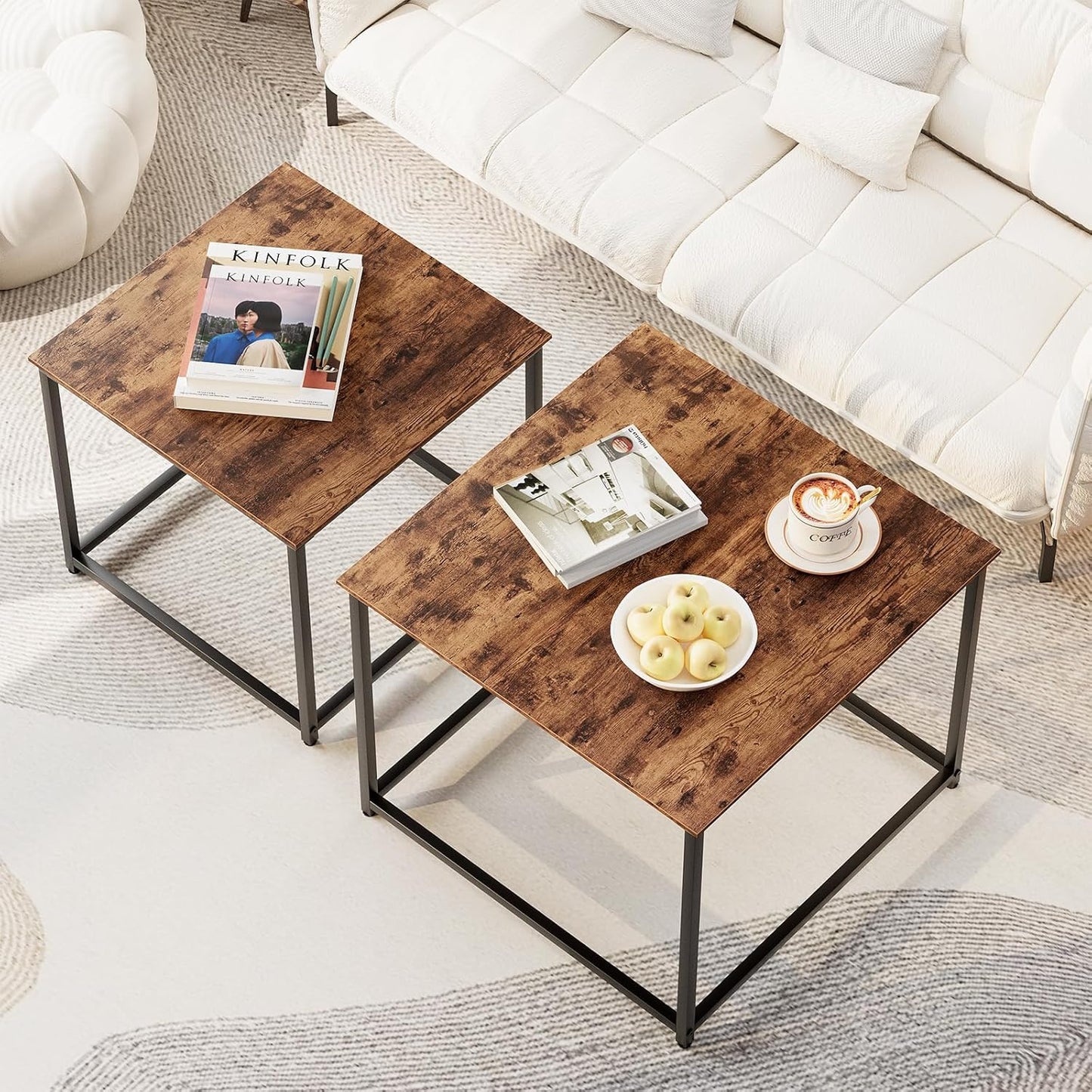 Garden 4 you Coffee Table Set of 2, Modern Engineered Wood Nesting Table, Metal Frame Square Center Table Set, Side Tables, Nesting Coffee Table for Living Room, Bedroom and Small Spaces, 23.6in Brown