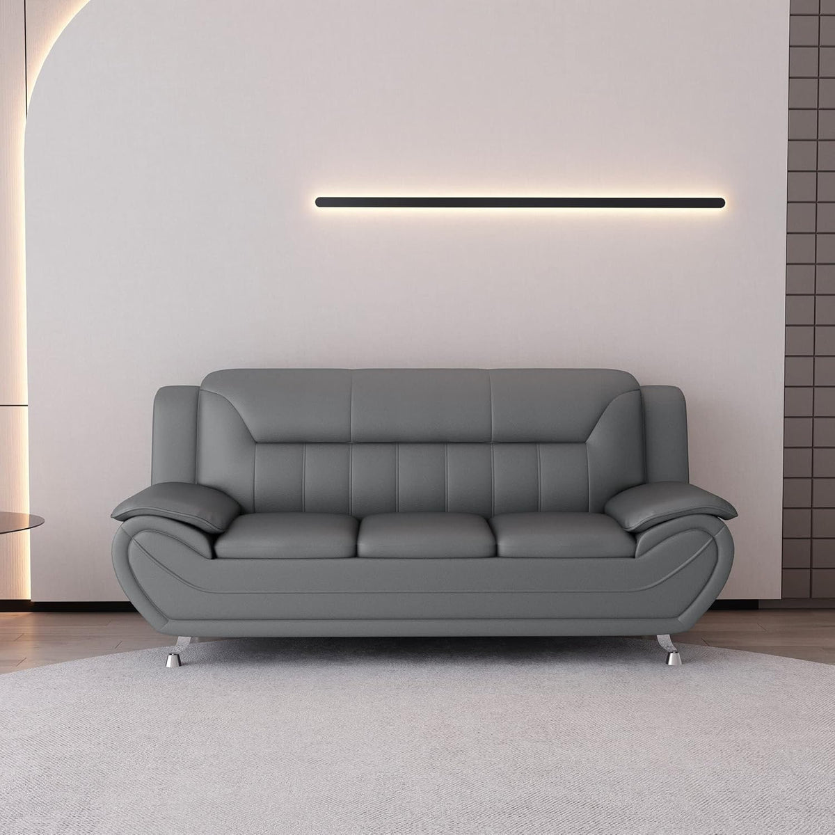 Container Furniture Direct Michael Modern Faux Leather Upholstered Stainless Steel Legs Living Room Sofa, Gray