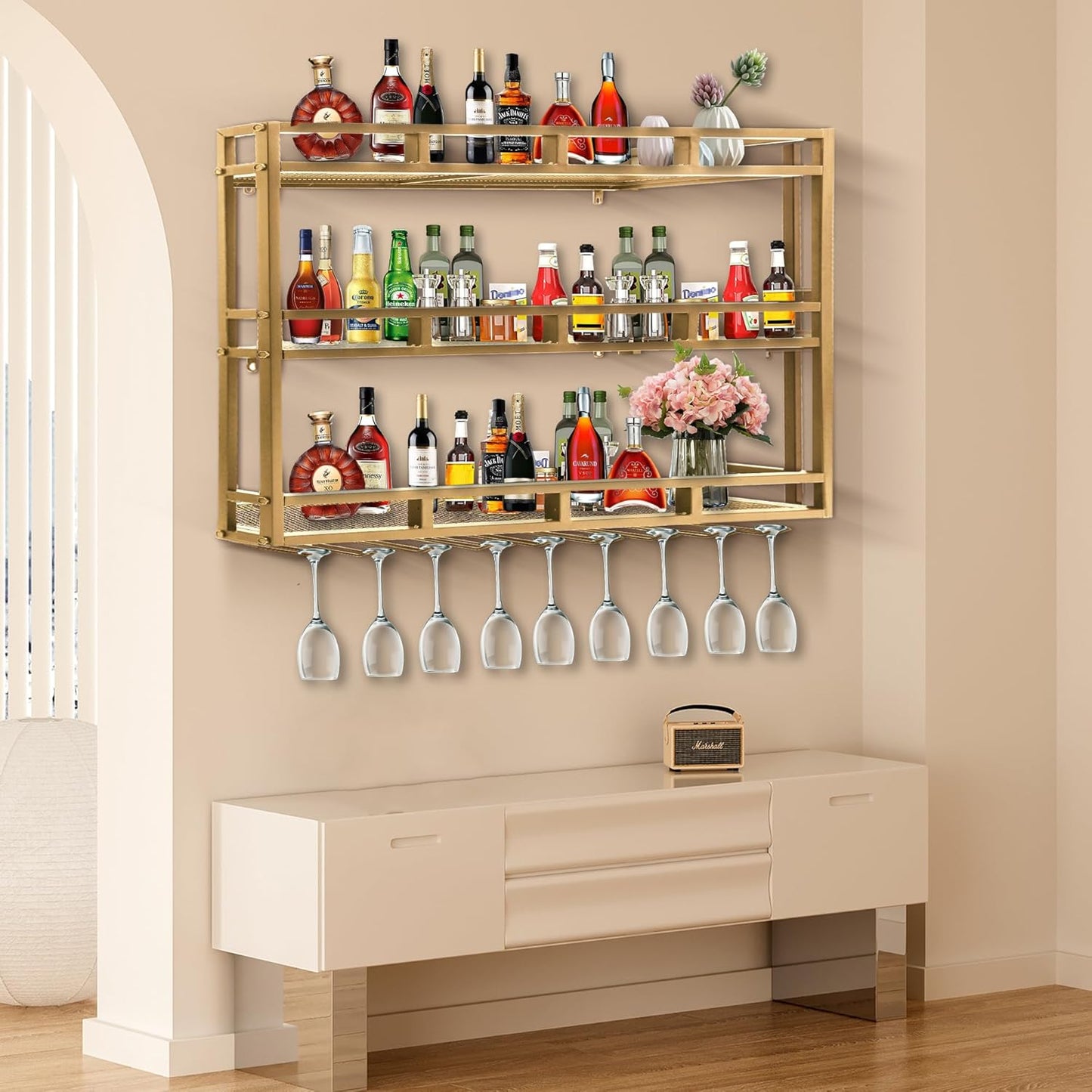 Metal Wine Rack Wall Mounted, Bar Shelves for Liquor Bottles with LED Light, 3 Tier Large Capacity Liquor Rack Wall Mounted with Glass Holder for Home Bar & Dining Room （Gold, 59in/150cm）