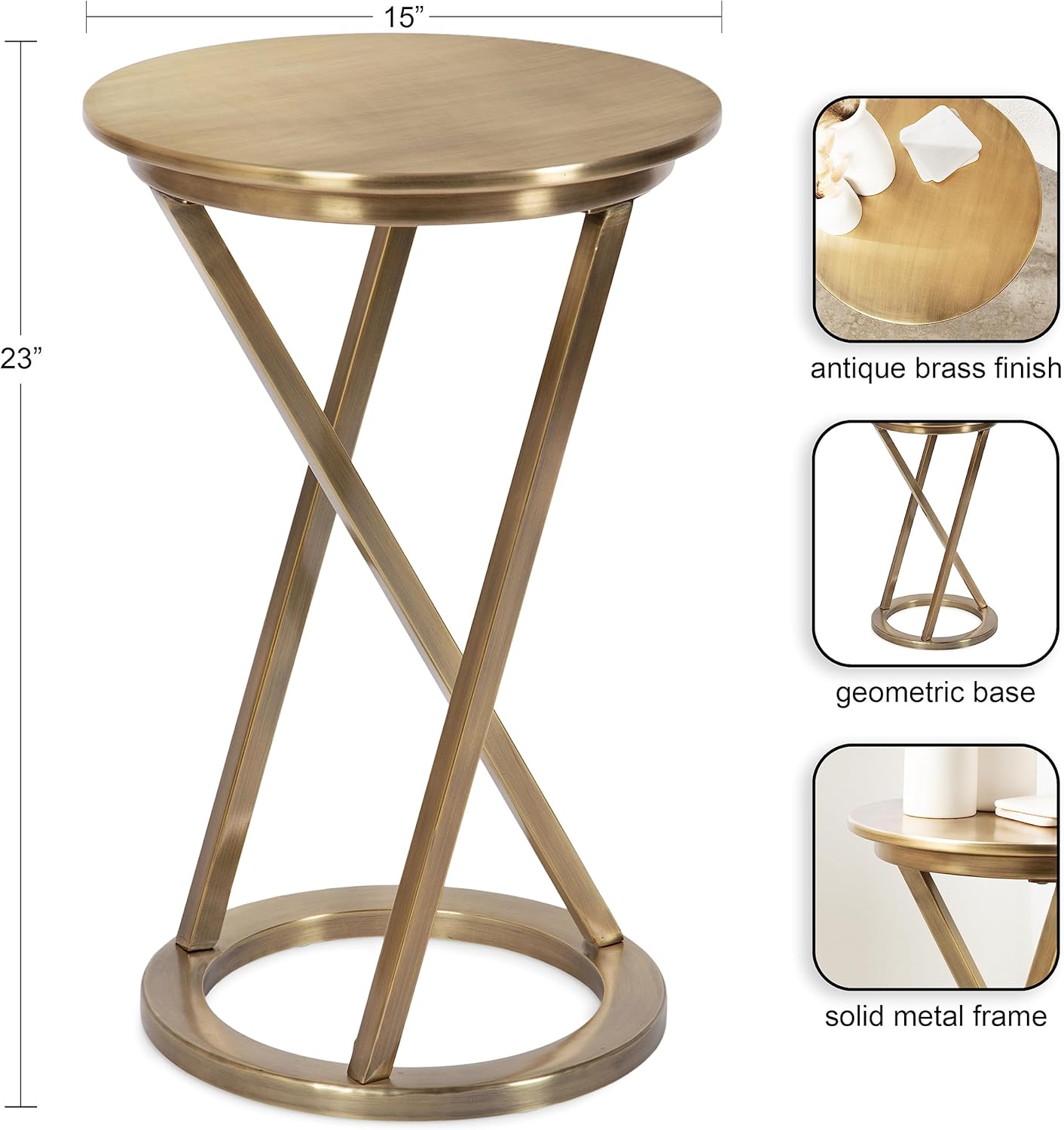 Kate and Laurel Aja Modern Metal Round Side Table; 15 x 15 x 23; Antique Brass; Decorative Geometric Nightstand with Circular Tabletop and Unique Slanted Legs