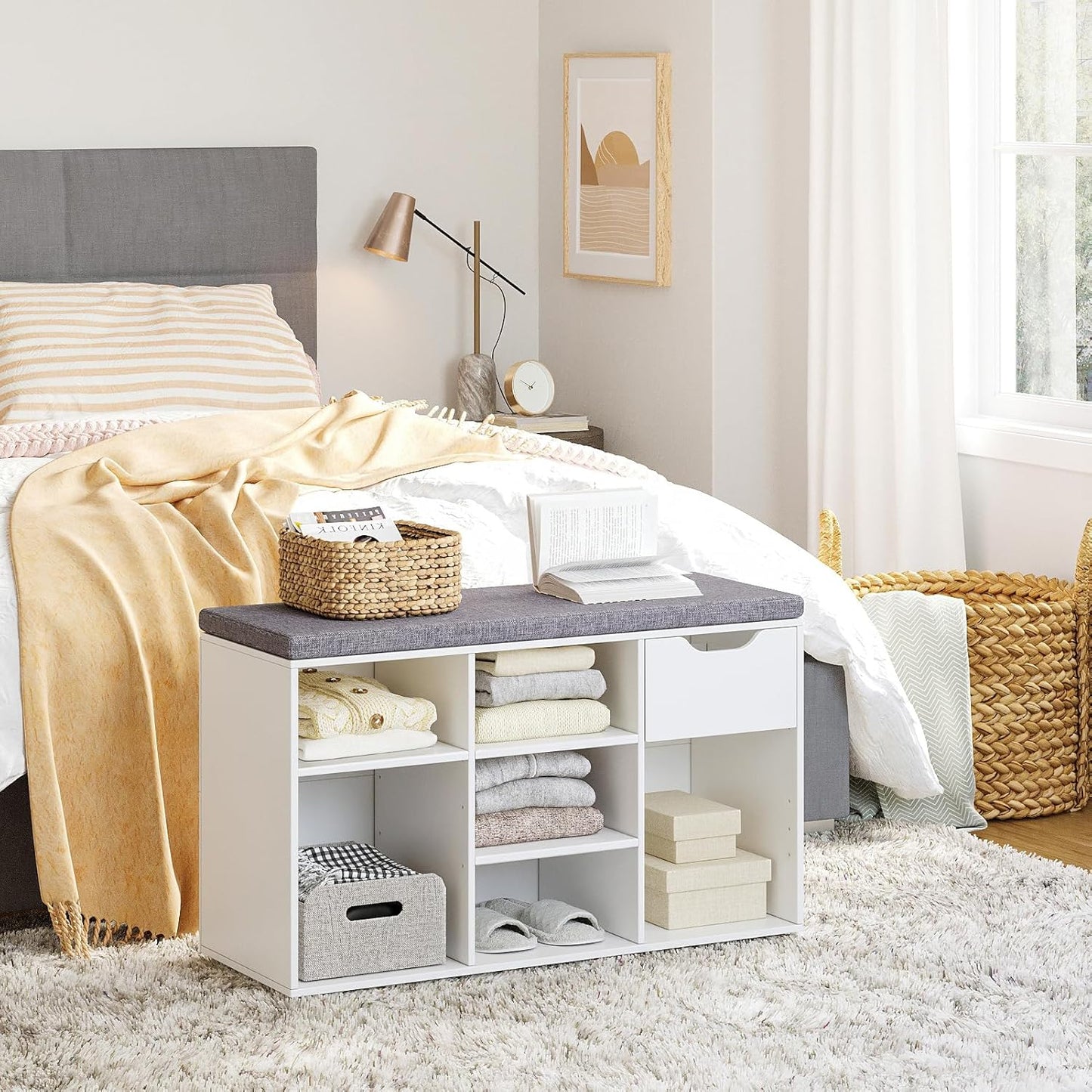 DINZI LVJ Shoe Bench,Entryway Storage Bench with Drawer and 8 Cubbies,Cubby Rack Adjustable Shelves,Shoe Organizer Cabinet for Living Room,Bedroom,Mudroom,Closet Garage,White