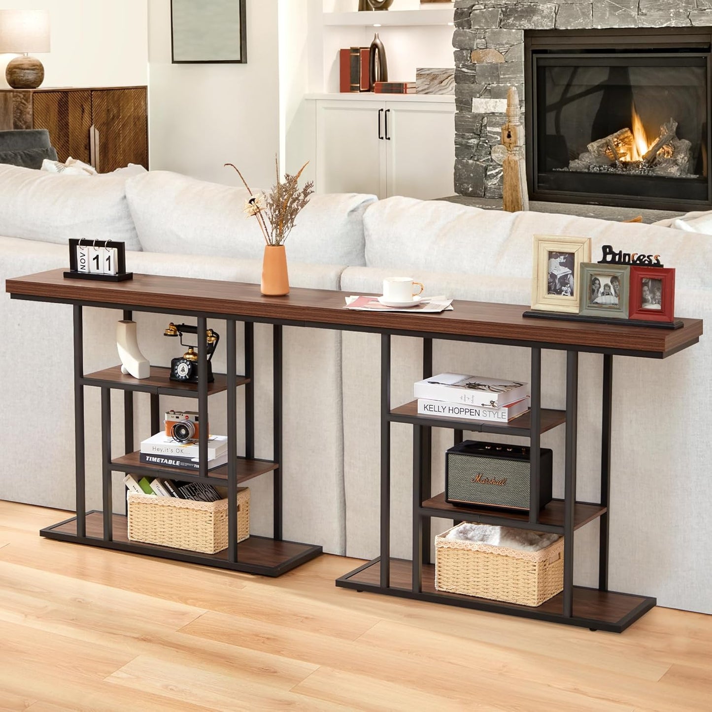 HABUTWAY 42" Industrial Entryway Table, Narrow 4-Tier Wood Console Table for Living Room, Accent Tables Living Room, Sofa Table for Front Door, Hallway, Foyer, Rustic Brown