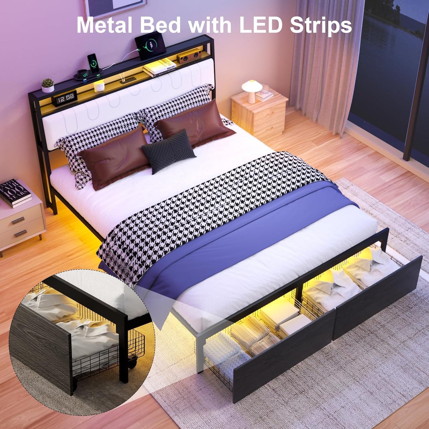 Queen Bed Frame with Storage Headboard, Metal Platform Bed Frame with LED Lights & Charging Station, Storage Drawers, Heavy Duty Metal Slats, No Box Spring Needed, Noise Free, Easy Assembly