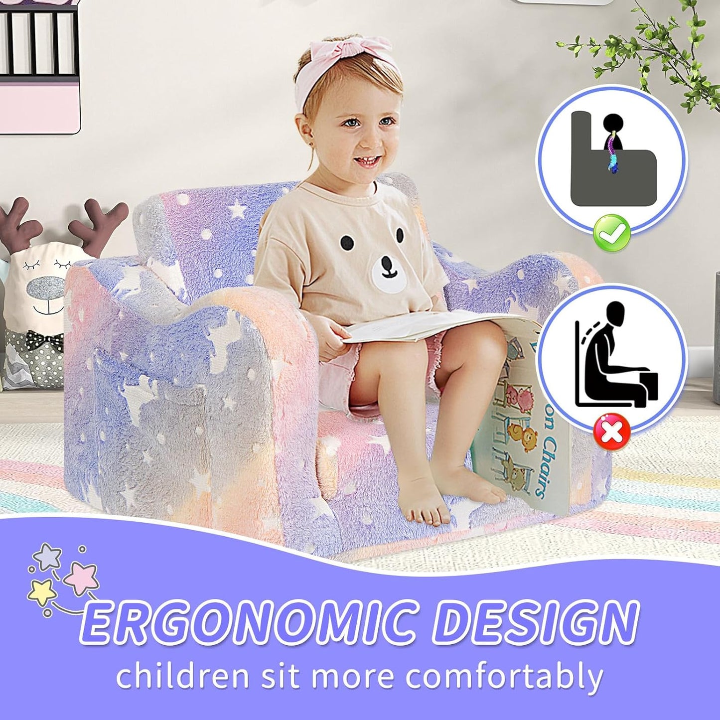 Kids Couch for Toddlers, 2-in-1 Kids Sofa Chair Glow in The Dark, Comfy Soft Foldable Toddler Couch Chair for Girls and Boys