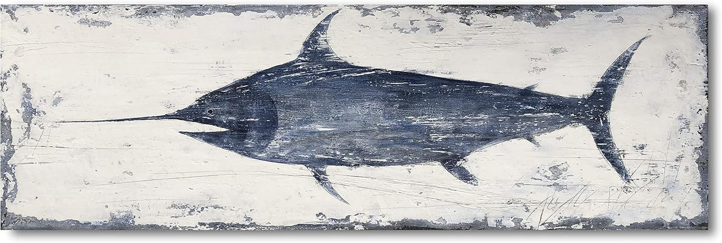 Yihui Arts Nautical Canvas Wall Art Animal Pictures Hand Painted Swordfish Paintings Ancient Ocean Seascape Coatal Artwork for Living Room Decoration