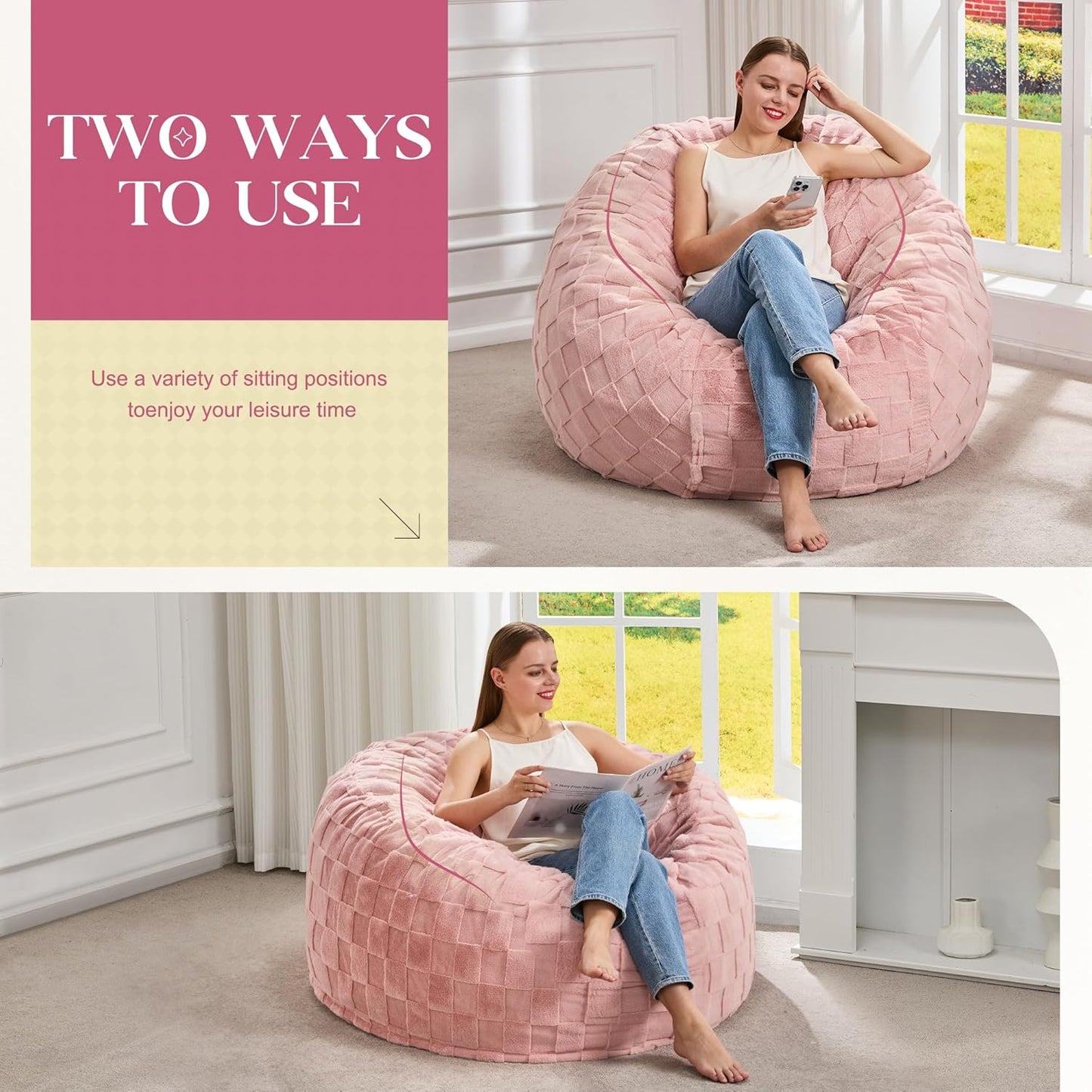 Hobestluk Bean Bag Chairs Beanbag Chair with Filler Adult Bean Bags with Fluffy Plaid Cover, Giant Bean Bag Chairs for Adults for Living Room, Bedroom (Pink, 3FT - 36” x 36” x 22”)