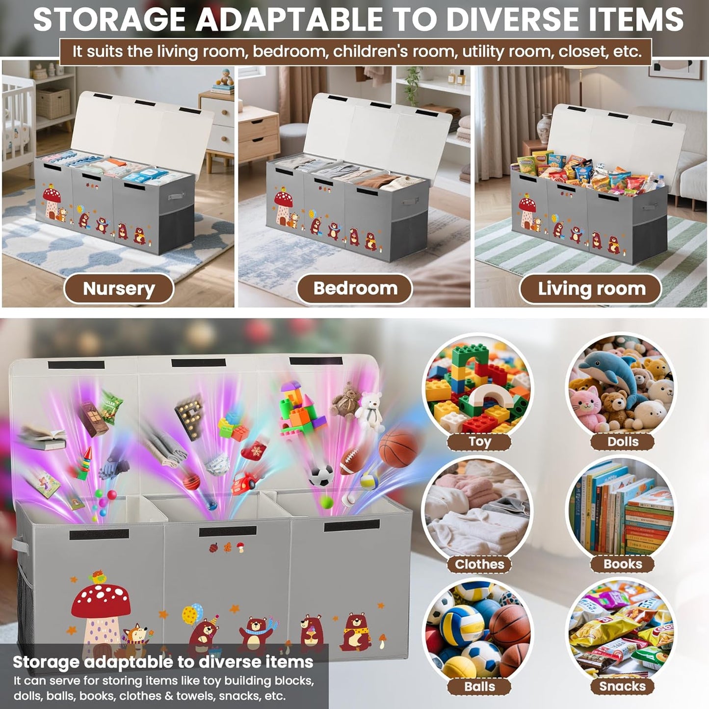 120L Large Toy Storage Box with Lid, Extra Large Toy Box Chest, Large Toy Box for Kids, Girls and Boys, Nursery Room and Living Room, 40"x13" x16" (grey-bear)