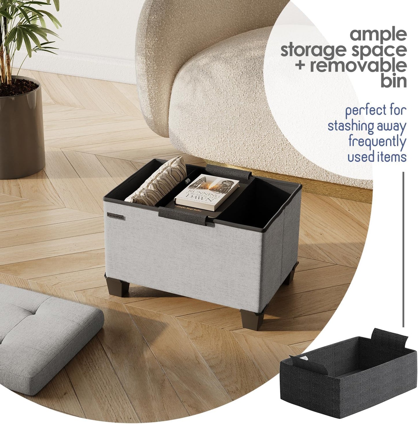 STORAGEBUD Storage Ottoman Cube with Small Bin, 16-in Square Ottoman with Storage for Living Room and Bedroom, Small Ottomans Foot Rest, Fabric Foot Stools Ottomans Max 330lbs, Light Grey
