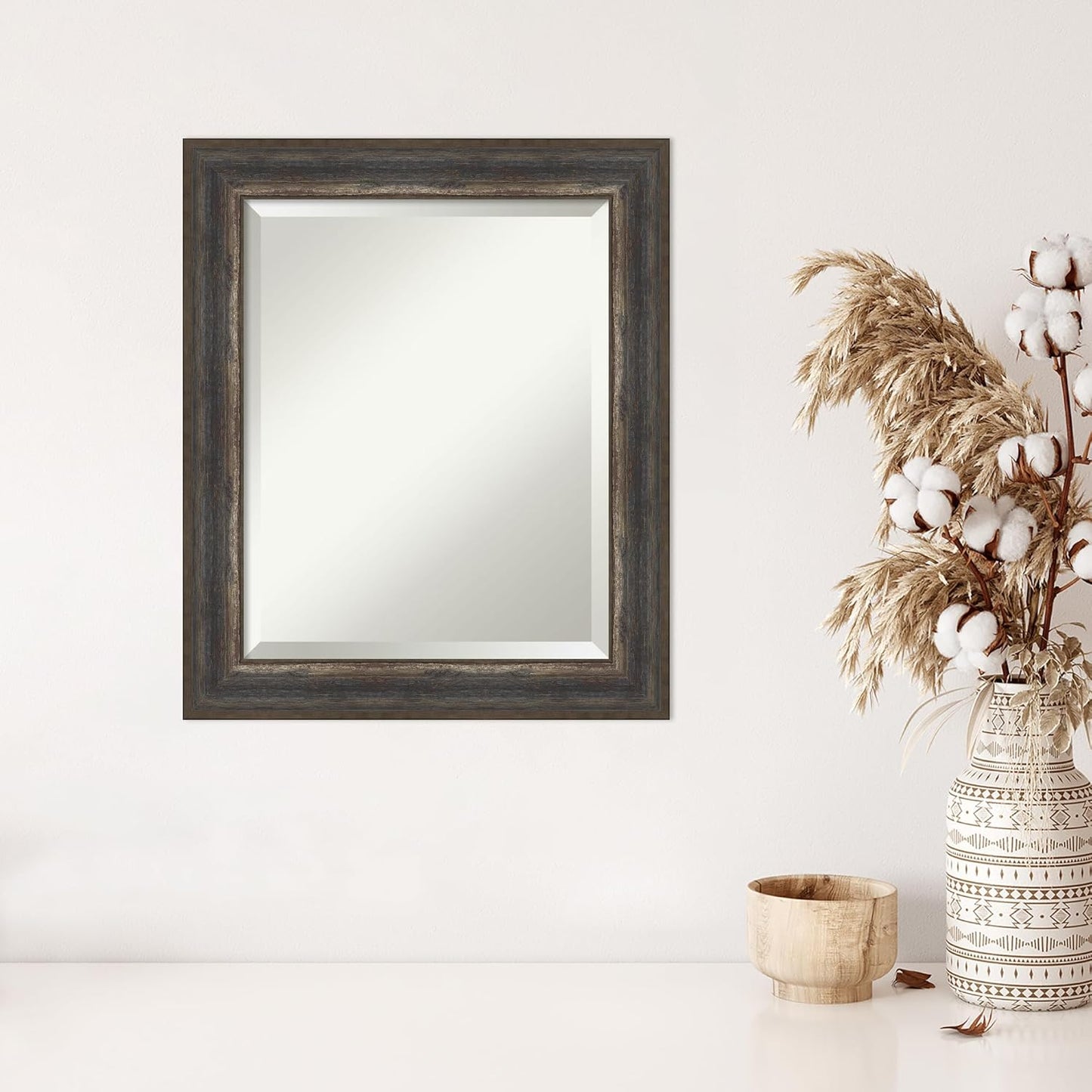 Amanti Art Brown Wall Mirror 25x21 Alta Rustic Char Rectangle Bathroom Mirror for Wall Decor Living Room, Small Rustic Farmhouse Frame, Hangs Horizonally and Vertically, Bathroom Decor, Beveled Edge