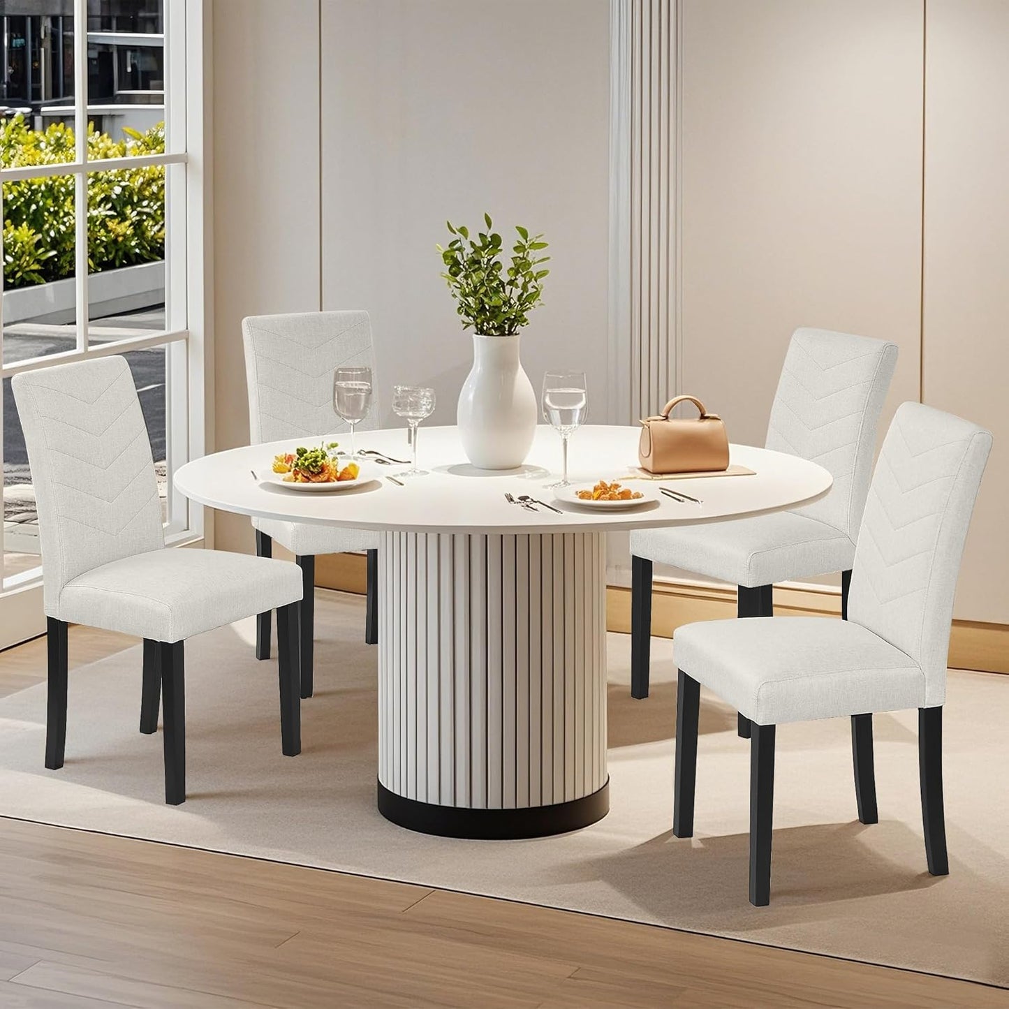VECELO Upholstered Dining Chairs Set of 6, Fabric Wood Legs High Back for Kitchen Living Room, Beige