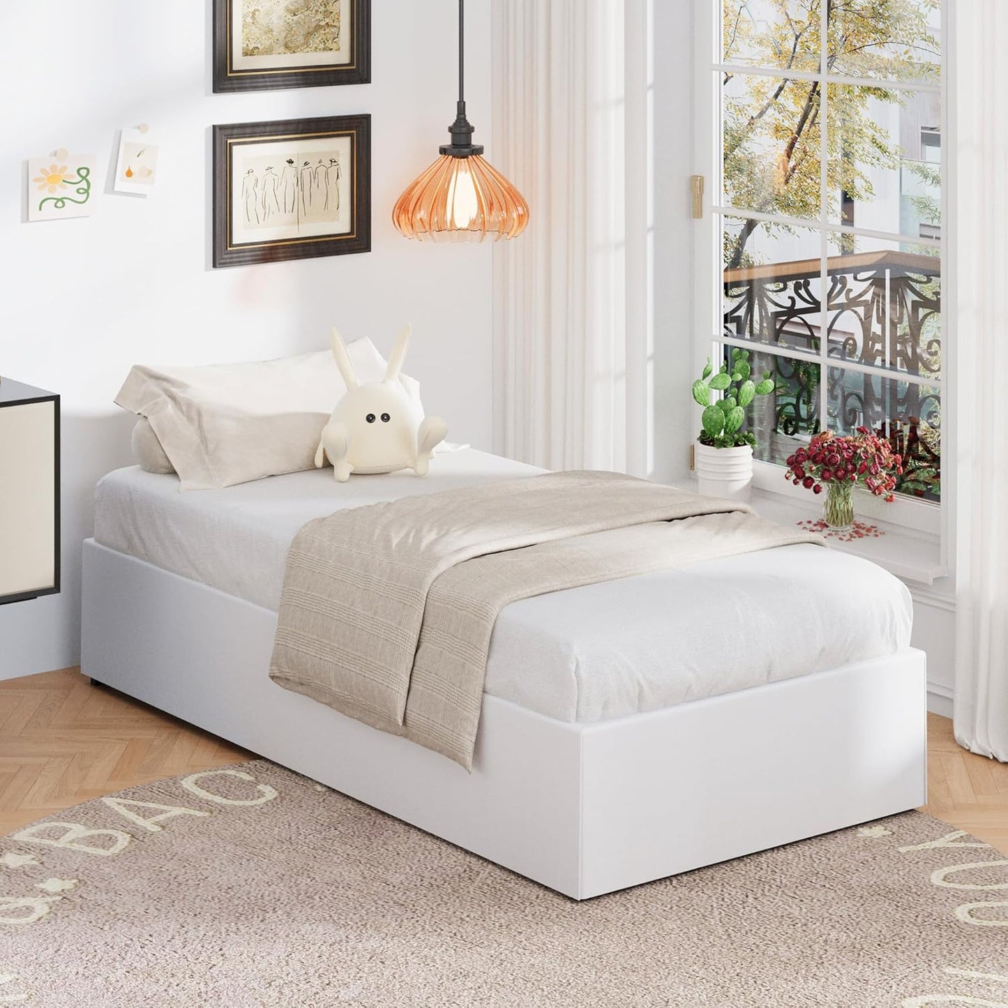 16 Inch Twin Bed Frames with White Skirt Cover, Metal Twin Size Bed Frame with Storage, Heavy Duty, No Box Spring Needed, Easy Assembly, Noise Free, Mattress Foundation