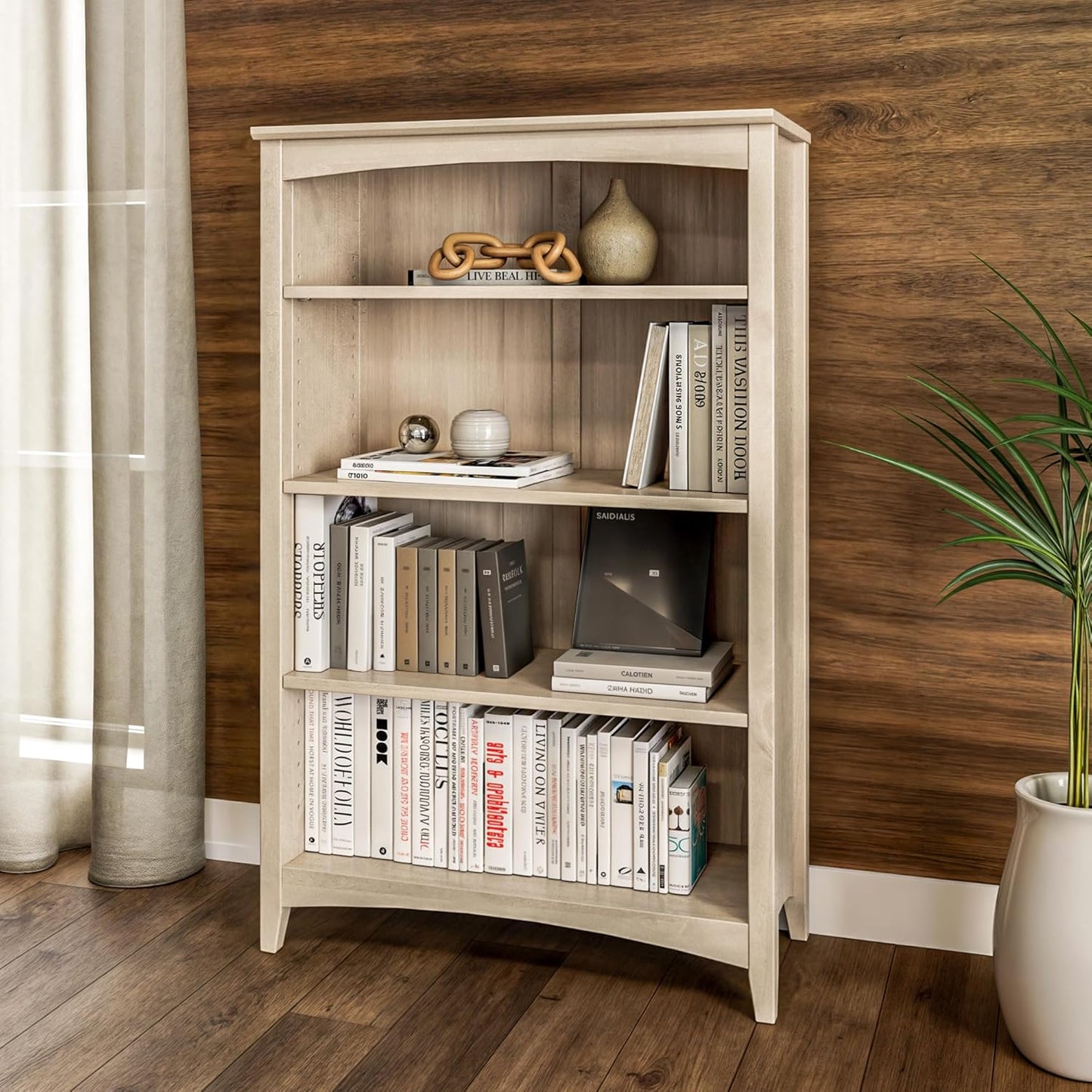 Camaflexi Shaker Style 4 Shelf Bookcase/Solid Wood / 48" High/Adjustable Shelving/Closed Back/Display Bookshelf for Living Room, Bedroom, Home and Office, Light Oak