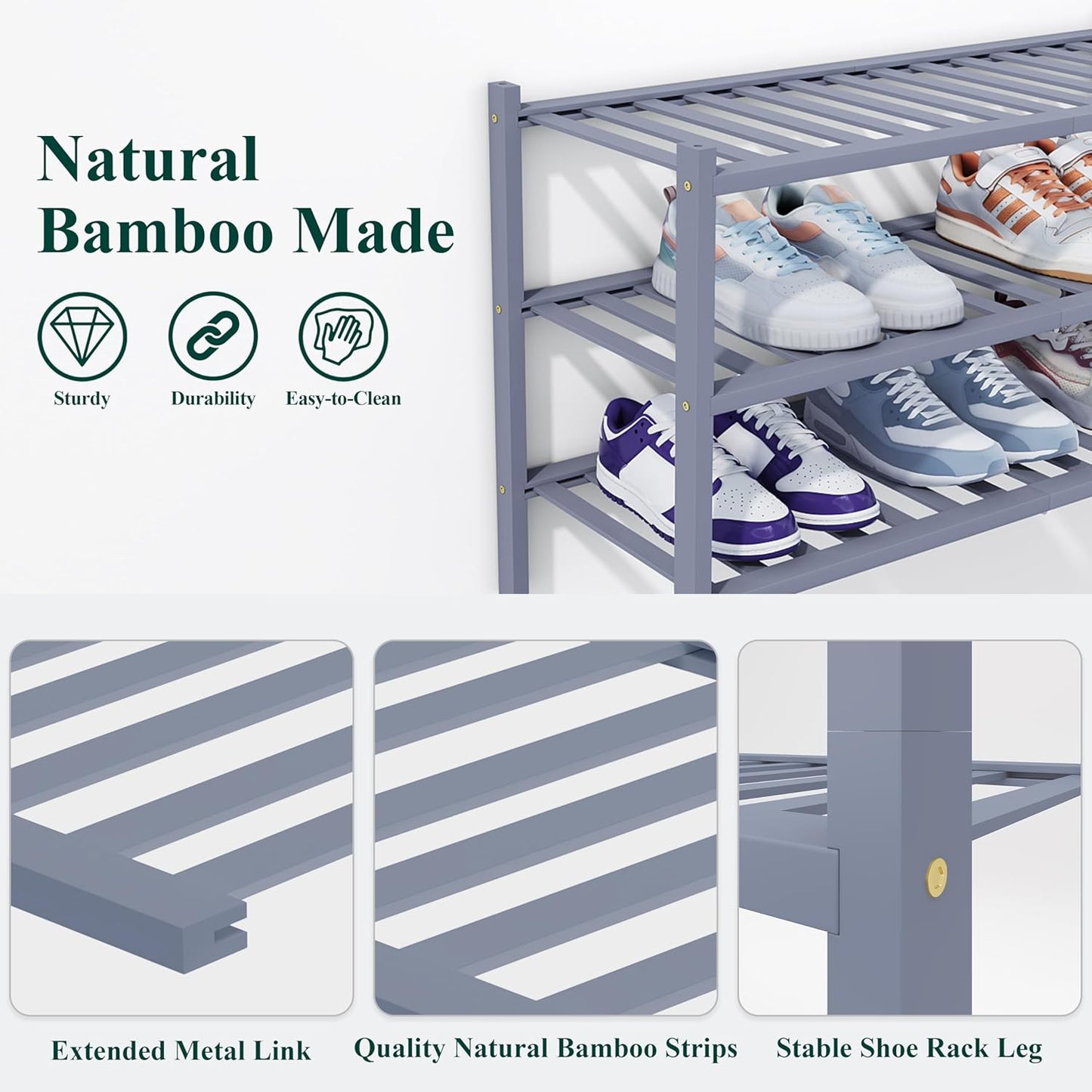 Smiry Shoe Rack, 6 Tier Thick Bamboo Shoe Organizer, Stackable Free Standing Wooden Shoe Storage Shelf for Closet, Entryway, Front Door Entrance, Grey