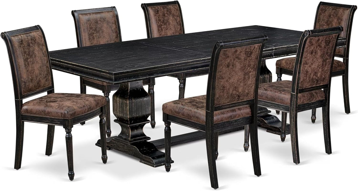 LKCY7-SBB-33 7-Piece Kitchen Table Set Consists of a Dining Table and 6 Brown Textured Polyester Fabric Dining Chairs with High Back - Sand Blasting Black Finish