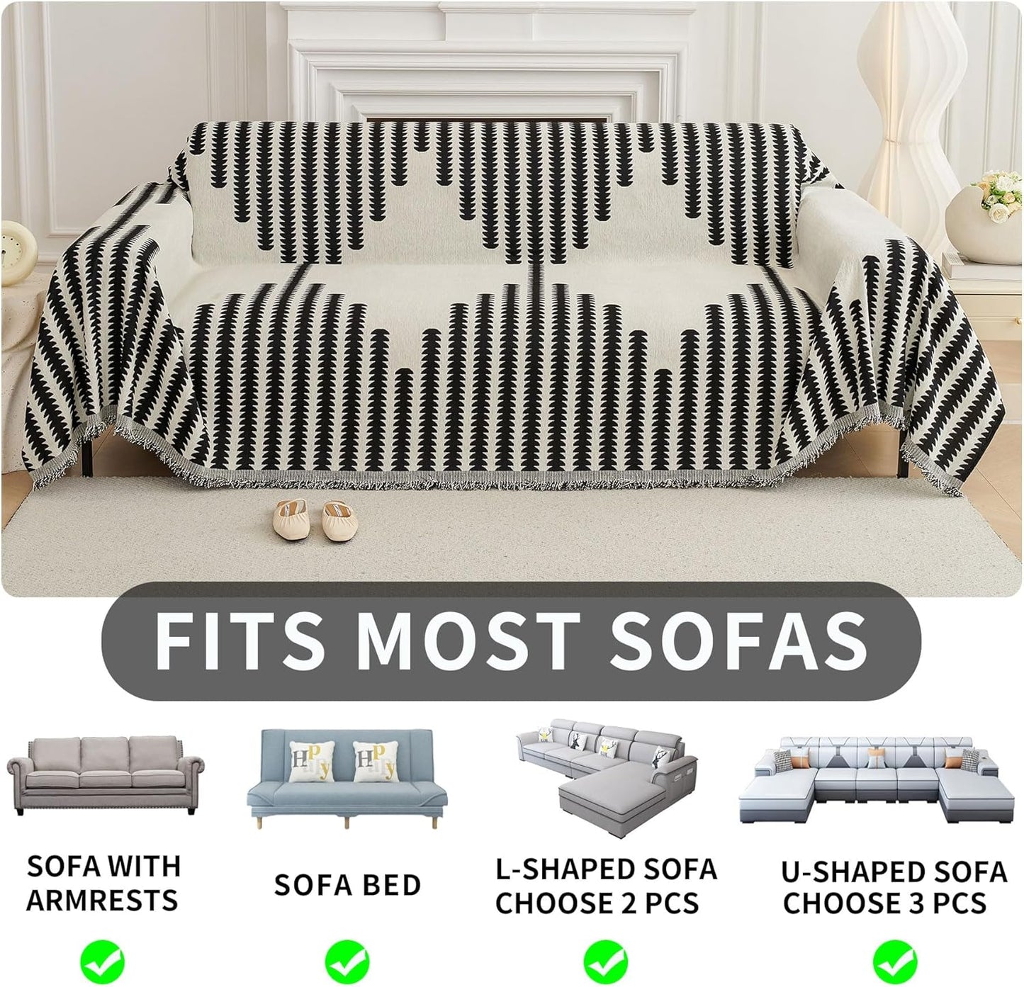 HAOMAIJIA Boho Sofa Covers Couch Covers for 3 Cushion Couch Sofa Pet Friendly Soft Thick Couch Cover for Dogs Washable Sectional Couch Covers L Shape Furniture Protector (Black, 91"x150")