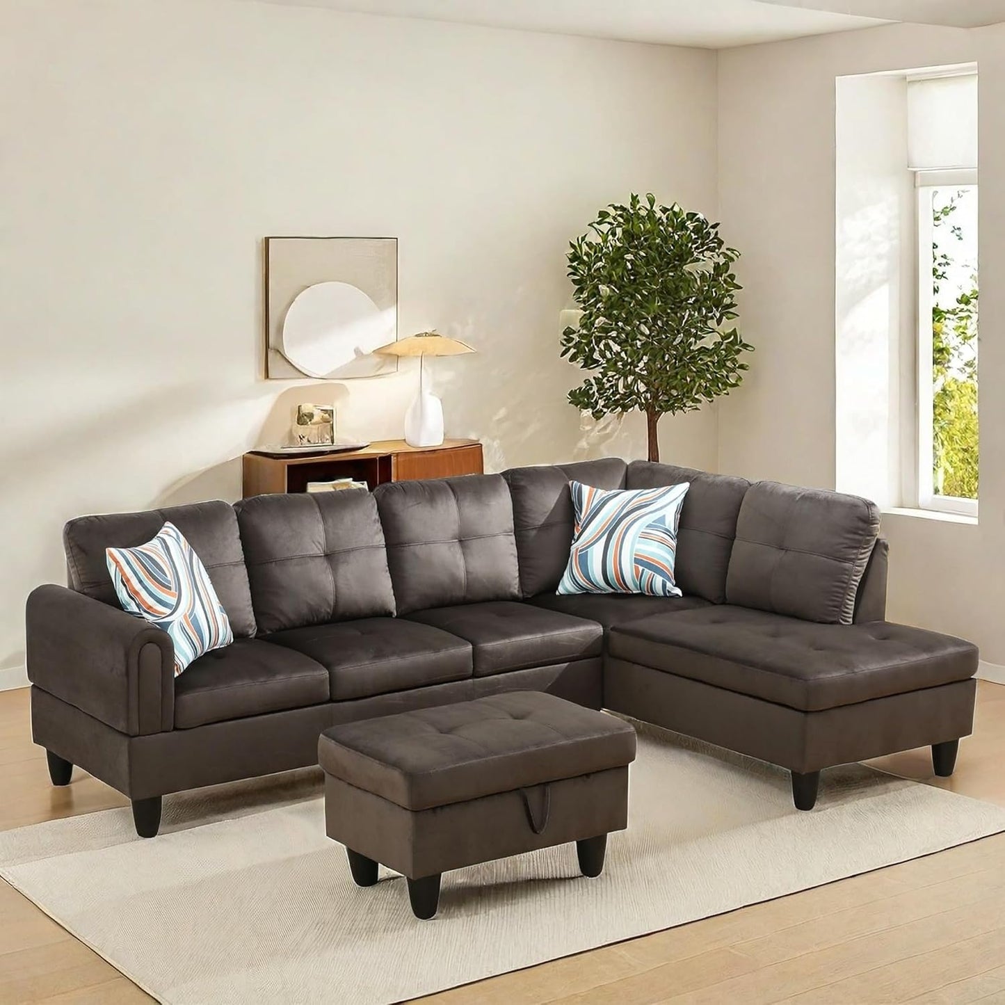 NAYSAYE Sectional Couch with Ottoman Storage, L Shaped Couch Sofa Furniture Sets, Modern Comfy Modular Comfy Sofa for Living Room Bedroom, Office and Apartment, Brown