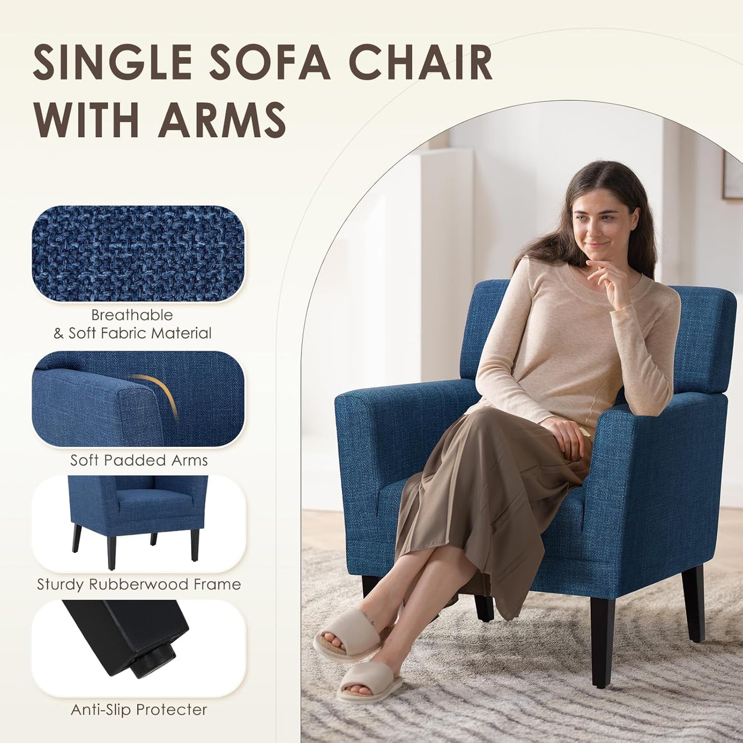 COLAMY Modern Accent Chair for Living Room, Upholstered Fabric Accent Armchair with Back, Soft Single Sofa Chair with Arms for Bedroom/Office/Reception Room, Blue