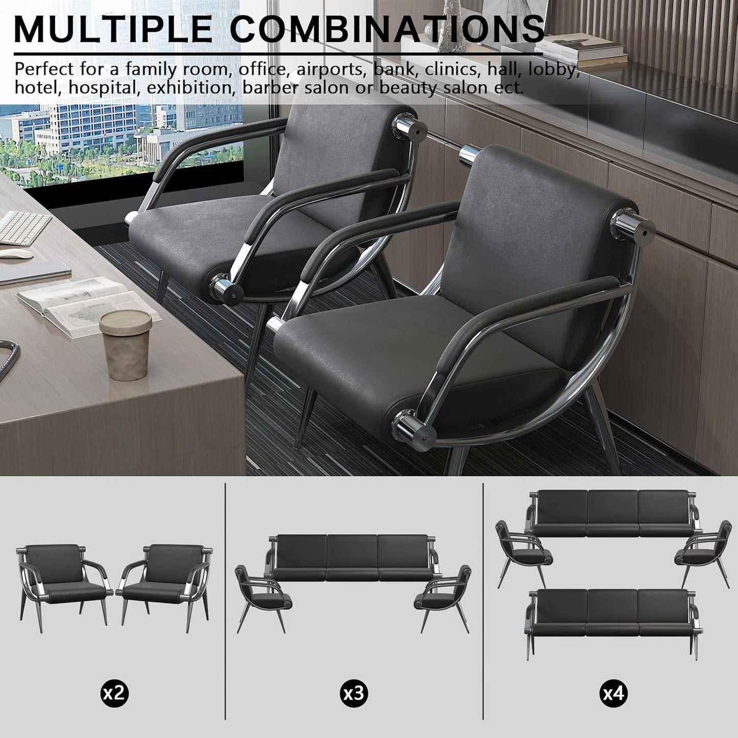 wonline 2Pcs Waiting Room Chair with Armrest Black PU Leather Office Furniture, Office Guest Seating Lobby Conference Reception Chairs for Airport Clinic Hospital Bank Salon Barber(Black)