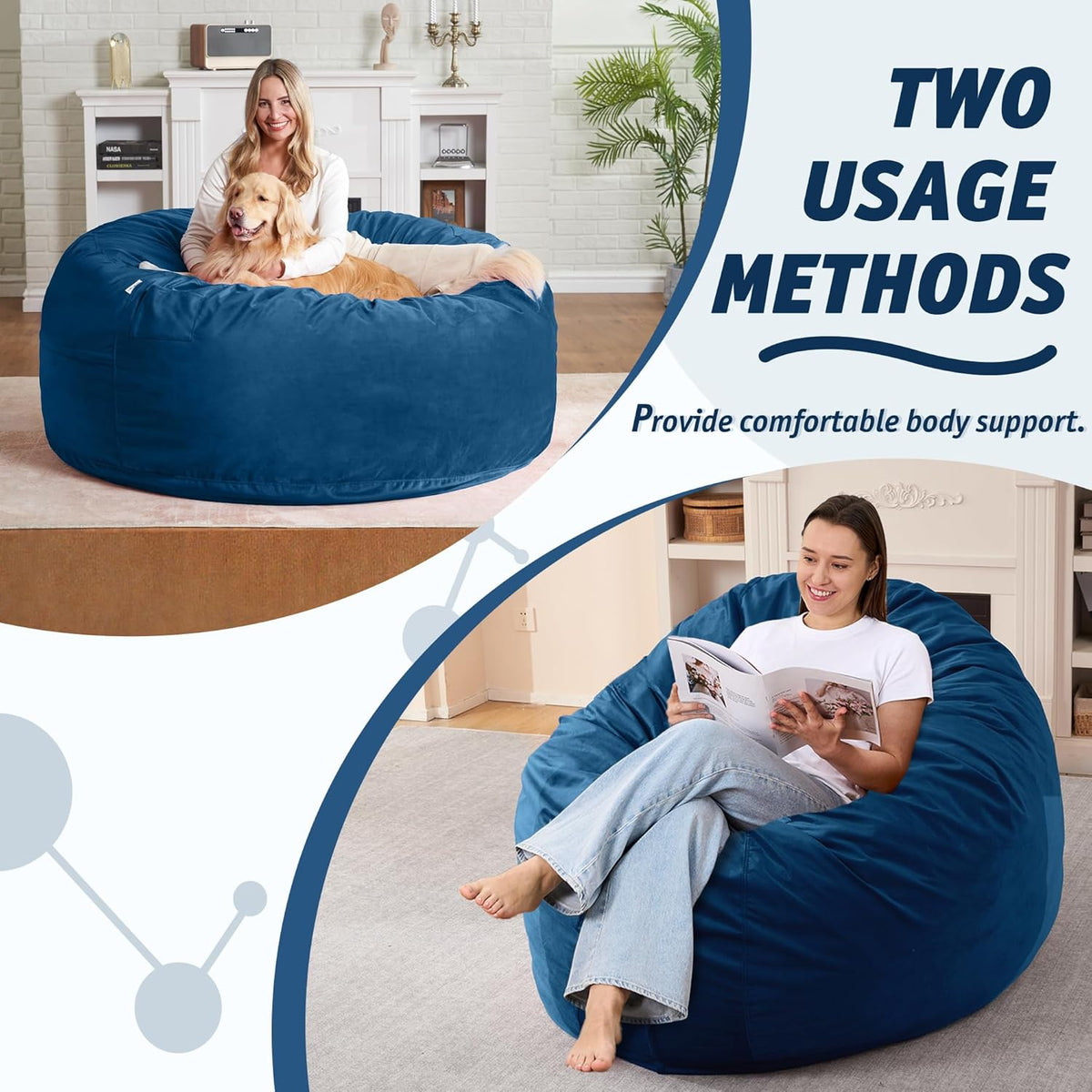 4FT Bean Bag Chair with Ultra Soft Velvet Cover Bean Bag Sofawith Memory Foam Bean Bag Chairs with Large Size Lazy Sofa for Dorm Office Living Room Bedroom Blue 4'