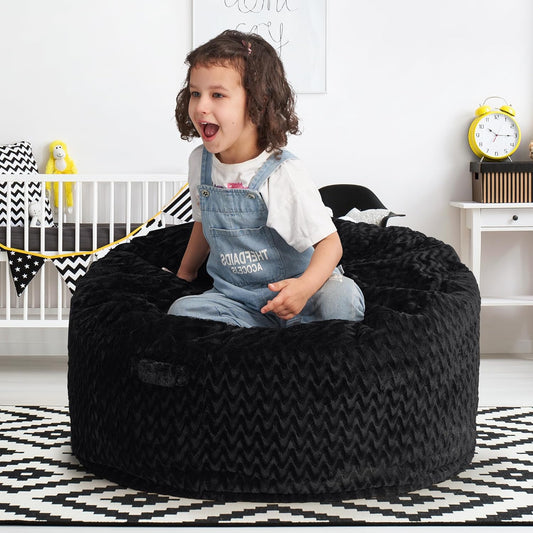 Hobestluk Bean Bag Chairs 2.5FT Bean Bag Chair with Memory Foam Filled & Chevron Plush Fur Cover Small Bean Bag Chairs for Playroom, Living Room, Bedroom (Black)