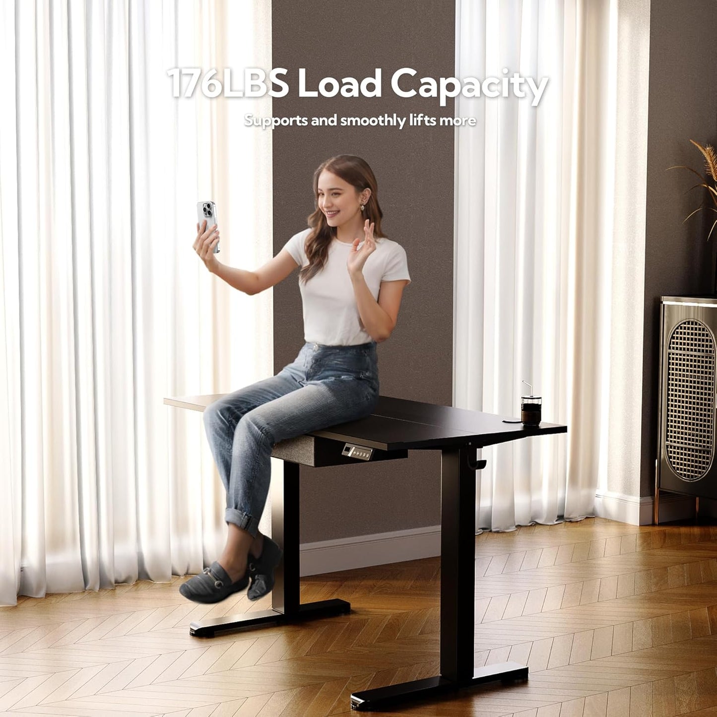 Seang Standing Desk with Drawer, 48" x 24" Height Adjustable Stand Up Desk, 3 Memory Height Settings with Cable Grommets & Storage Hooks, Ideal for Home & Office, Black