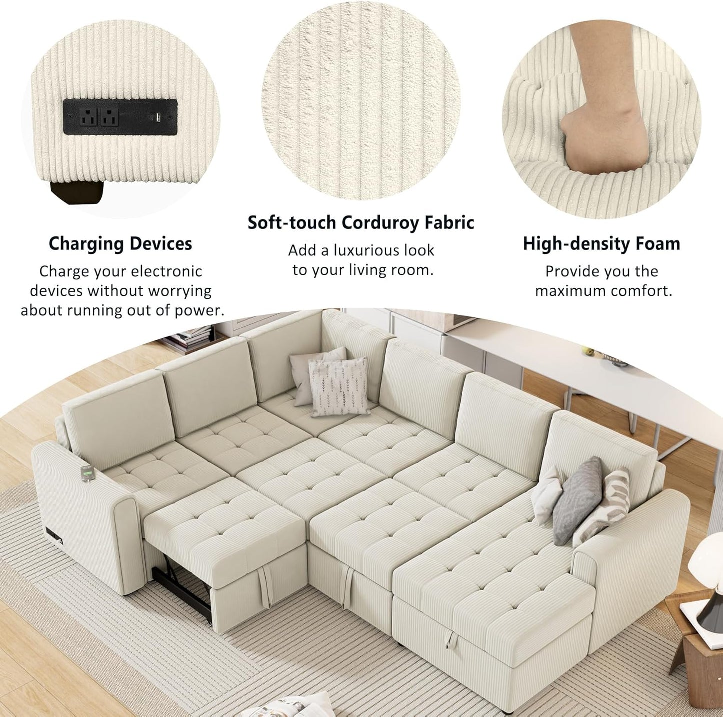 107.5" Corduroy U Shaped Sofa,Sectional Sleeper Couch Pull Out Bed with Storage Chaise,Convertible Corner Sofa-Bed w/Portable Handles and Smooth Wheels,2 USB,for Living Room,Beige