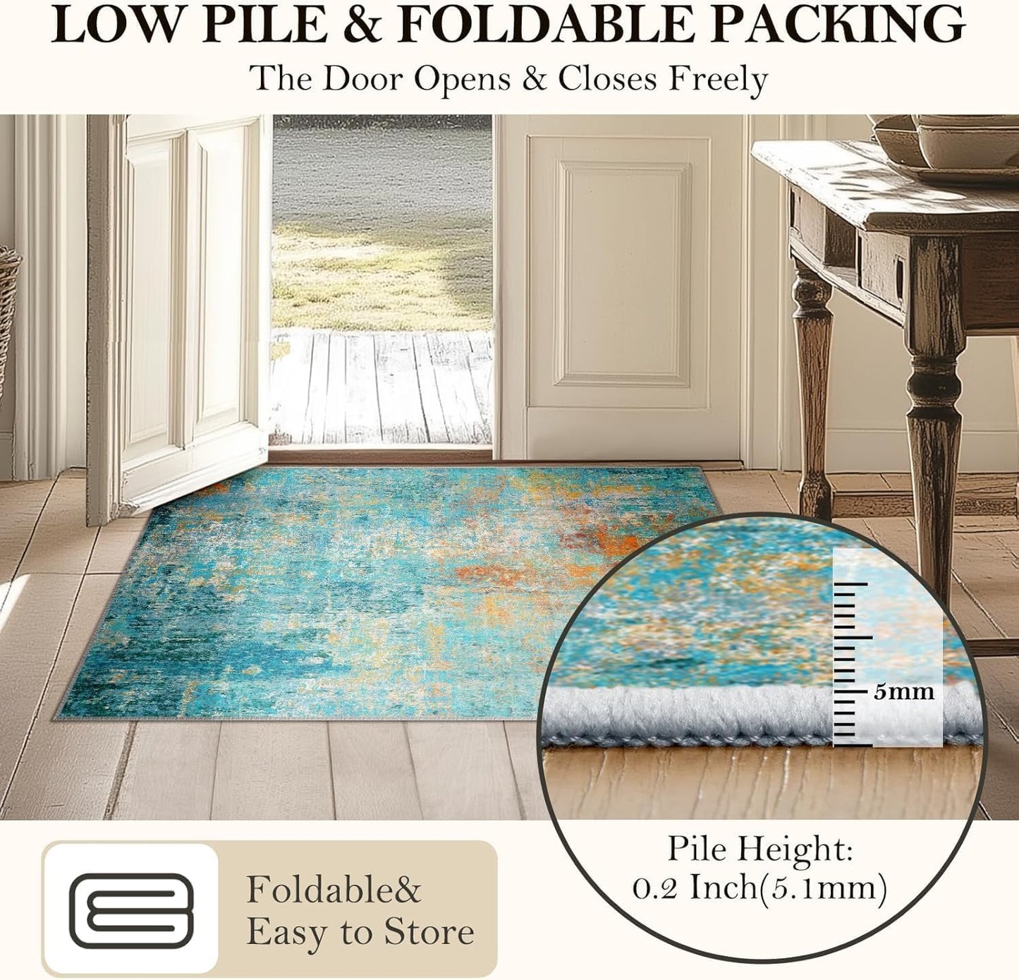 Washable Area Rugs 2'x10' Non-Slip Modern Abstract Soft for Living Room Entryway Bedroom Nursery, Print Pattern, Teal Blue Green Orange Rust Red Colorful