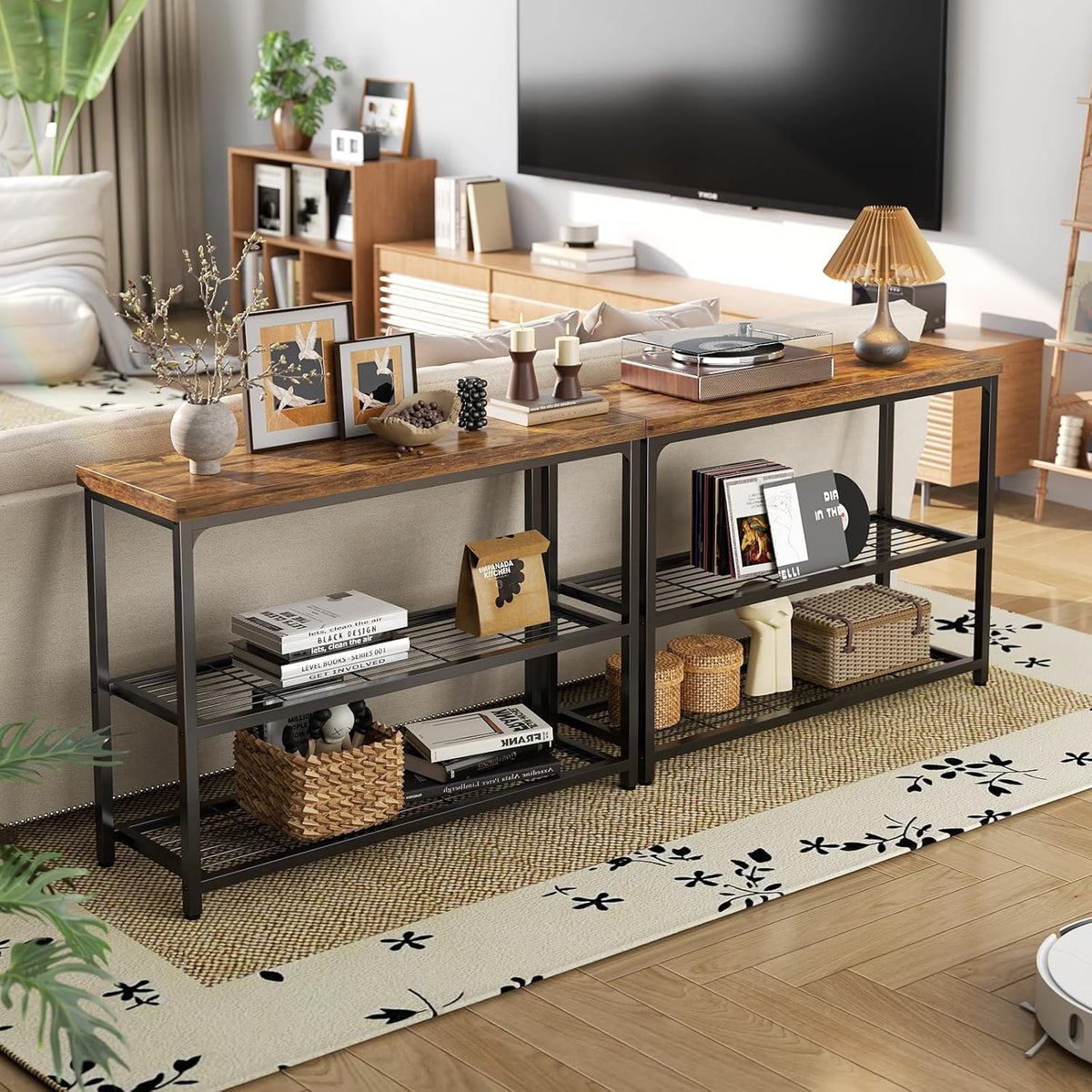 47" Console Table, 3-Tier Entryway Table, Sofa Table with Mesh Shelves, Console Tables for Living Room, Bedroom, Hallway, Entryway, Foyer, Rustic Brown
