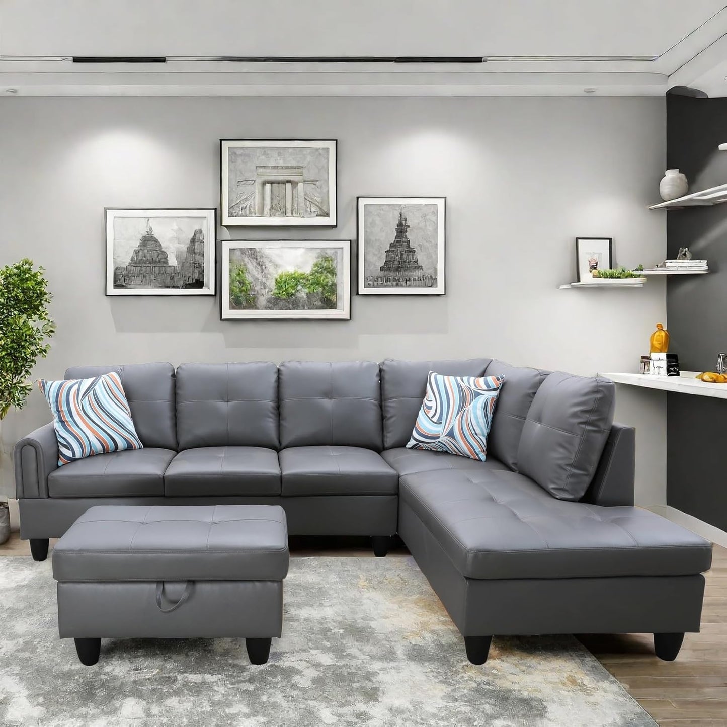 Convertible Leather Sectional Couch, Modern L Shaped Couch with Storage, Large Modular 5-Seat Sectional Sofa with Ottomans for Living Room and Office, Dark Grey