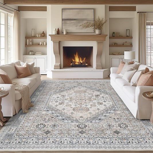 zesthome 9x12 Area Rugs,Stain Resistant Washable Rug,Ultra-Thin Rugs for Living Room,Bedroom,Non-Slip Backing Home Decor Large Area Rug (Beige,9'x12')