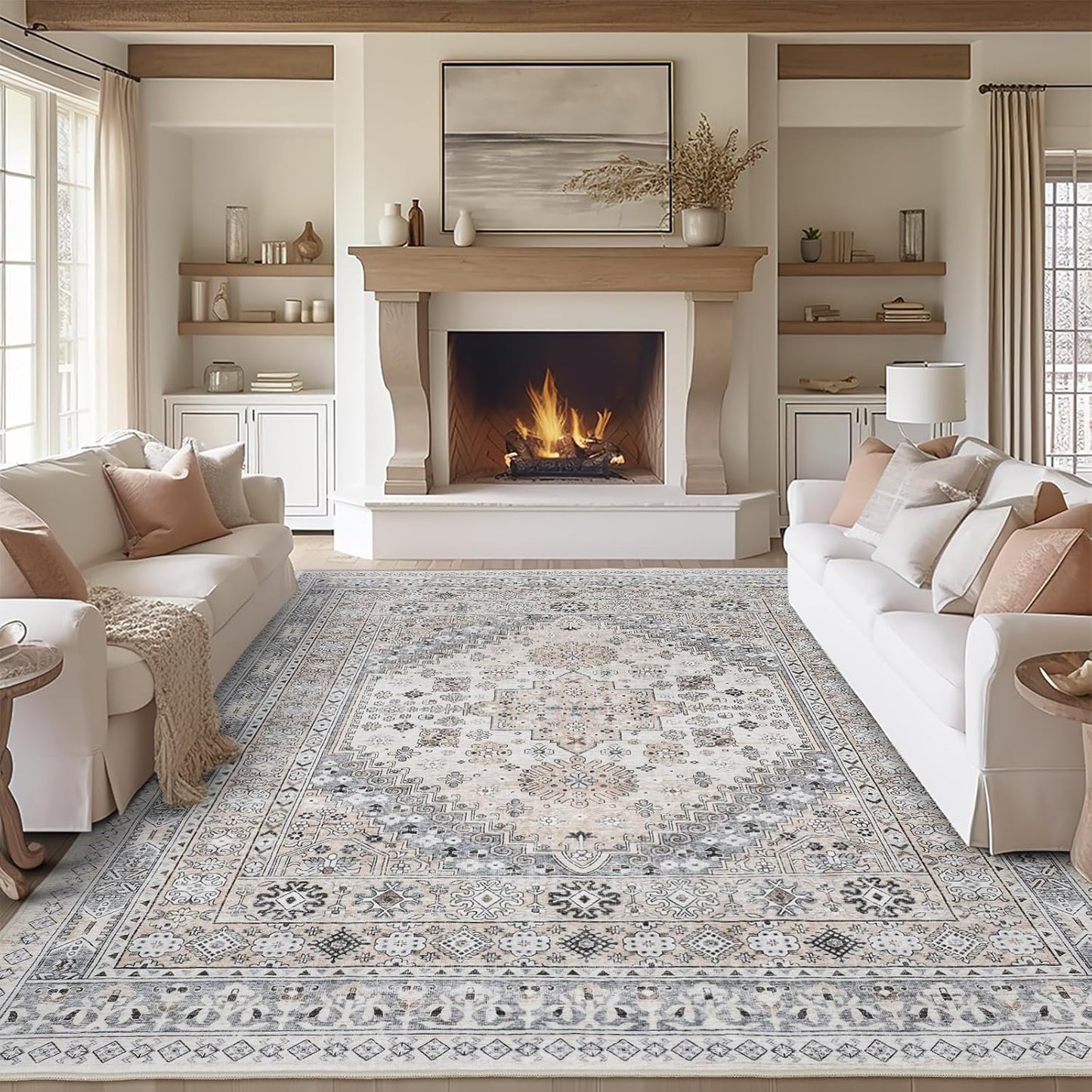 zesthome 7x9 Area Rug, Super Soft Washable Rugs for Living Room, Non-Slip Stain Resistant Vintage Rugs, Ultra-Thin Large Area Rugs (Beige,7'x9')