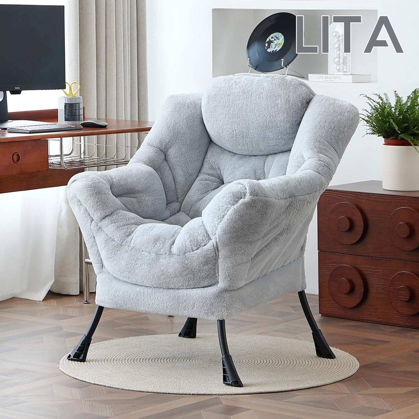 LITA Lazy Chair with Ottoman, Modern Accent Leisure Upholstered Sofa, Contemporary Lounge Reading Chair with Armrests and a Side Pocket for Living Room, Bedroom & Small Space, Single Plush Grey