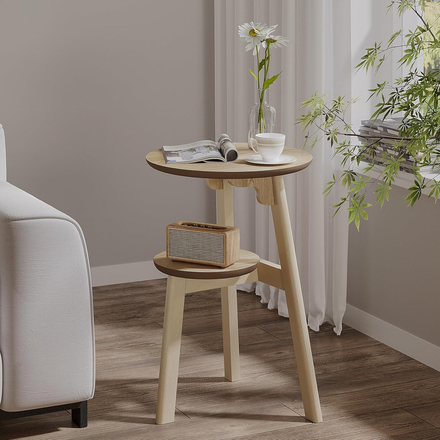 ChooChoo Round End Table Set of 2, Narrow Side Table for Small Spaces, Accent Table Night Stand with 2 Tier Shelf for Bedroom and Living Room, Natural