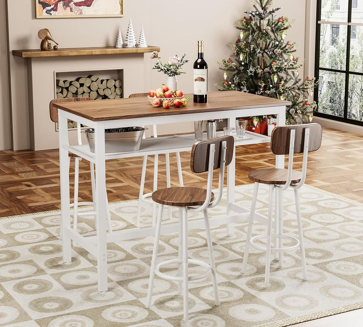 5-Piece Bar Table and Chairs Set, 43.3'' Pub Table Set Modern Small Table and Chairs Set of 4 for Breakfast Nook Living Room Small Space Restaurant, Wooden