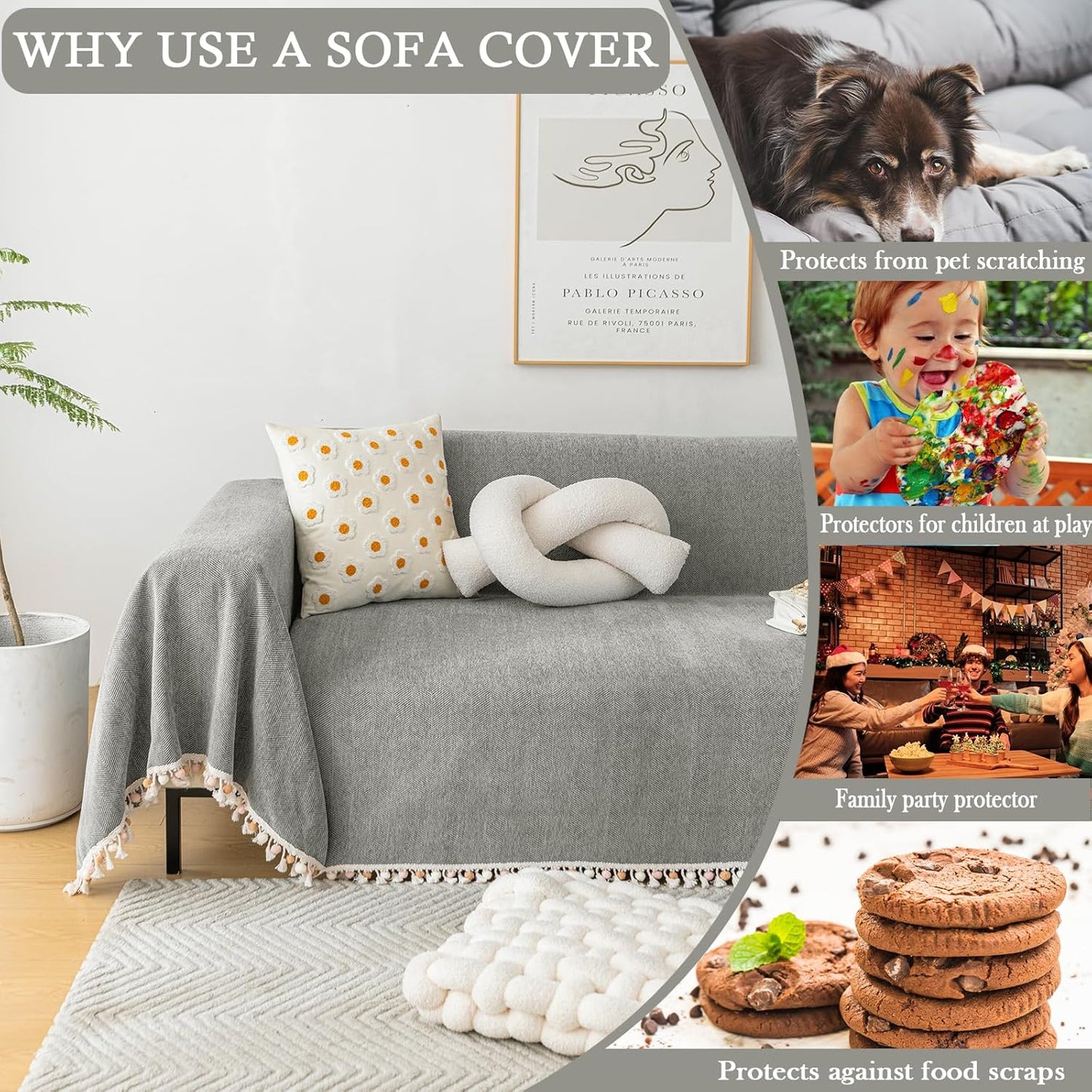 HANDONTIME Couch Slipcovers for Sofas - Dark Grey Boho Pet Couch Protector with Tassel - Chenille Herringbone 3 Seat Cover, 91" X150