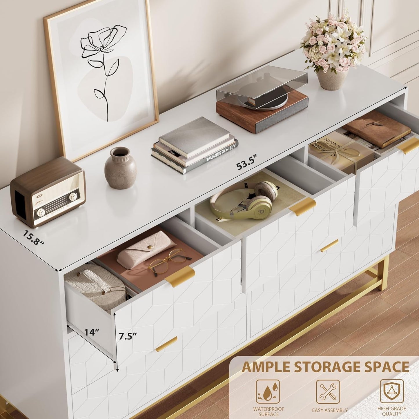 Dresser for Bedroom, 53.5" Wide Dresser Organizer, 7 Drawer with Golden Metal Handle and Legs, Modern Chest of Drawers for Closet, Hallway, Living Room, Entryway, White