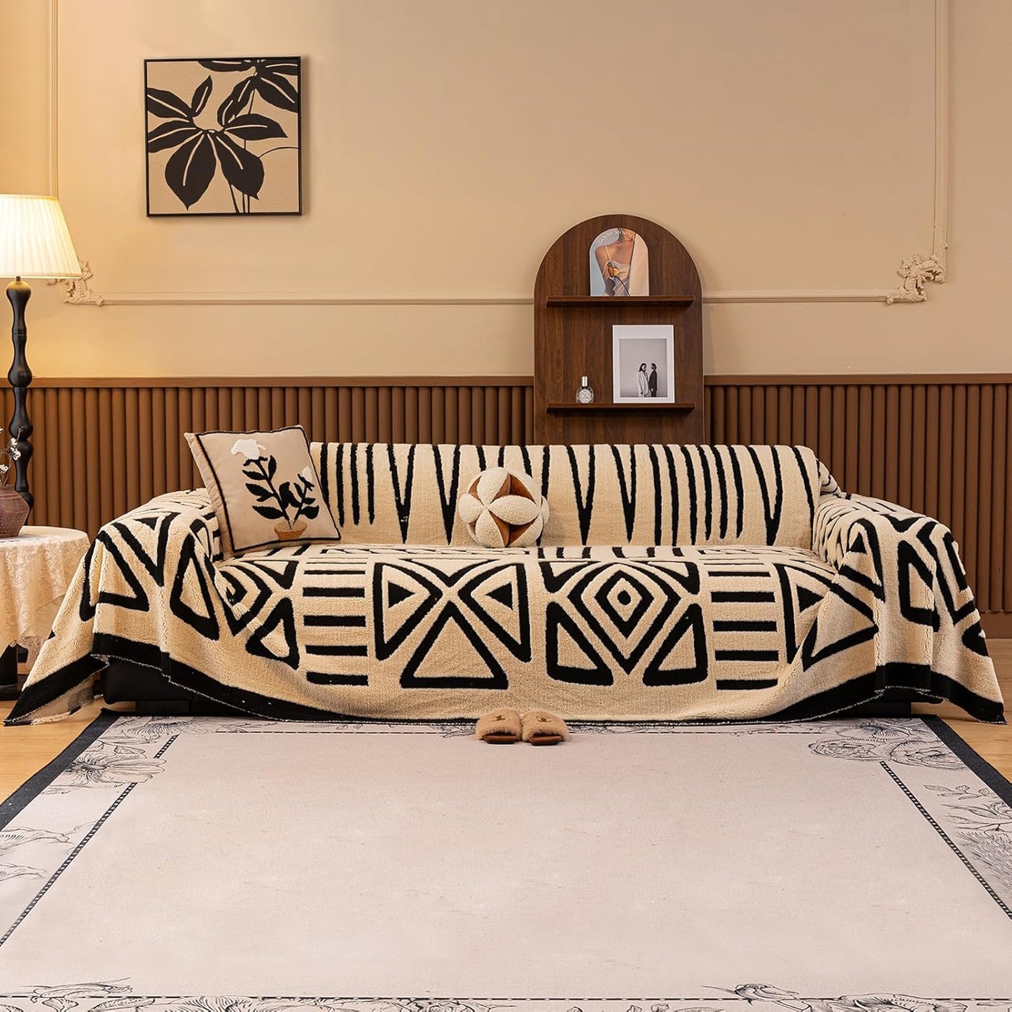 HANDONTIME Boho Sofa Covers for Dogs Black and White Sofa Covers for 3 Cushion Couch Sofa Beige Shu Velveteen Couch Covers for Sectional l Shaped Short Plush Furniture Covers, 71" X118"