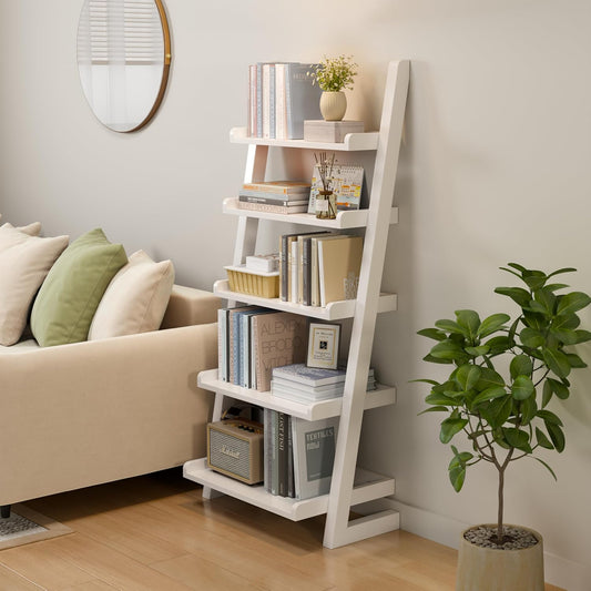 White Wooden Ladder Shelf with Edges, 5-Tier Modern Leaning Bookshelf Ladder – Stylish Space-Saving Bookcase for Living Room, Bedroom & Home Office