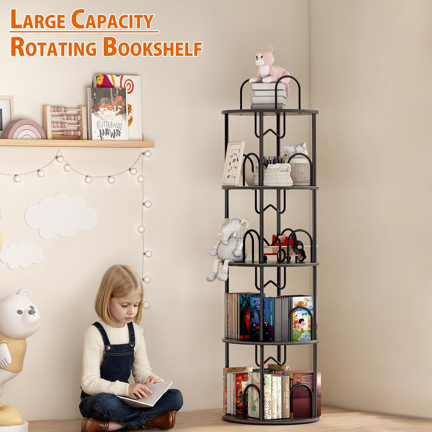 4 Tier Rotating Bookshelf, 360° Spinning Bookshelf Tower, Round Narrow Space Saving for Books and Display, Revolving Bookcase Corner Tall Book Shelf for Small Spaces, Bedroom, Living Room, Black