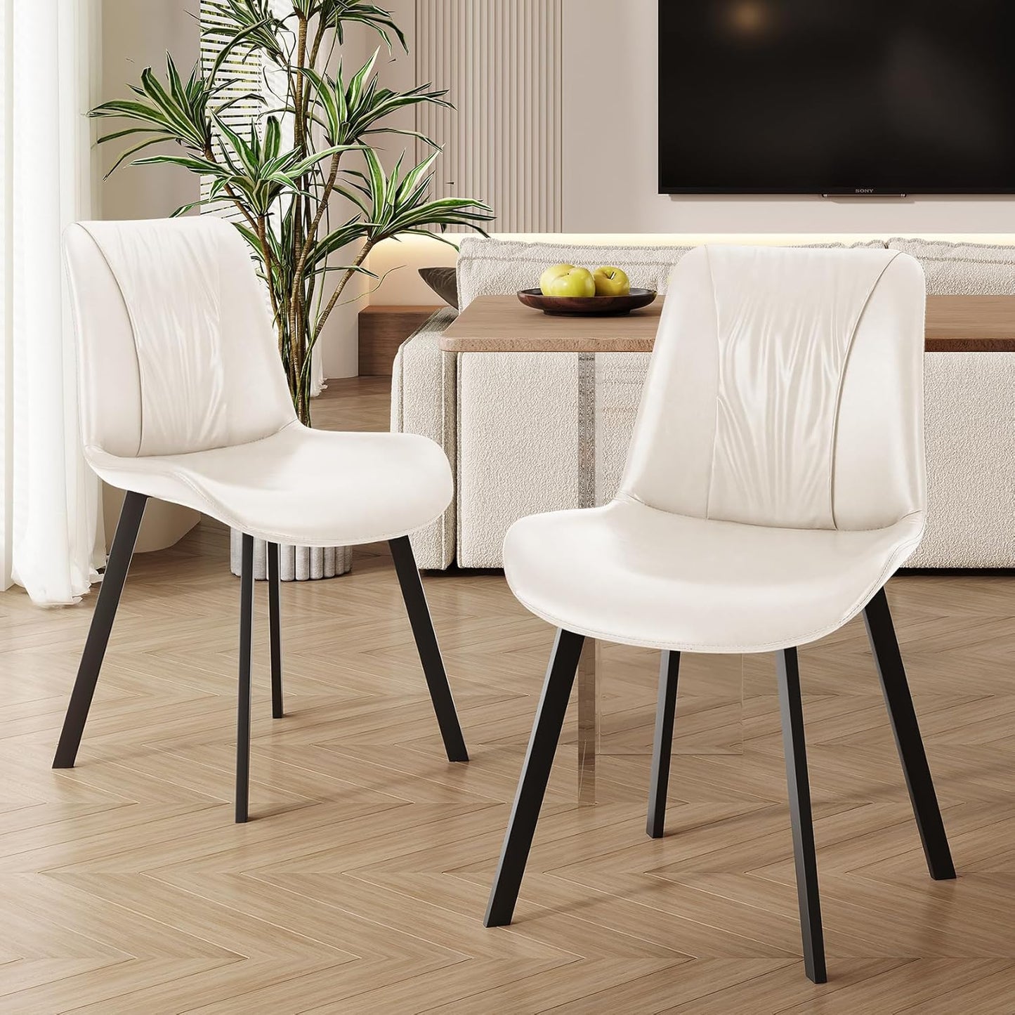 Upholstered Dining Chairs Set of 2, Modern Kitchen & Dining Room Chairs, Faux Leather, Sturdy Metal Legs, for Living Room, Cafe & Restaurant- White