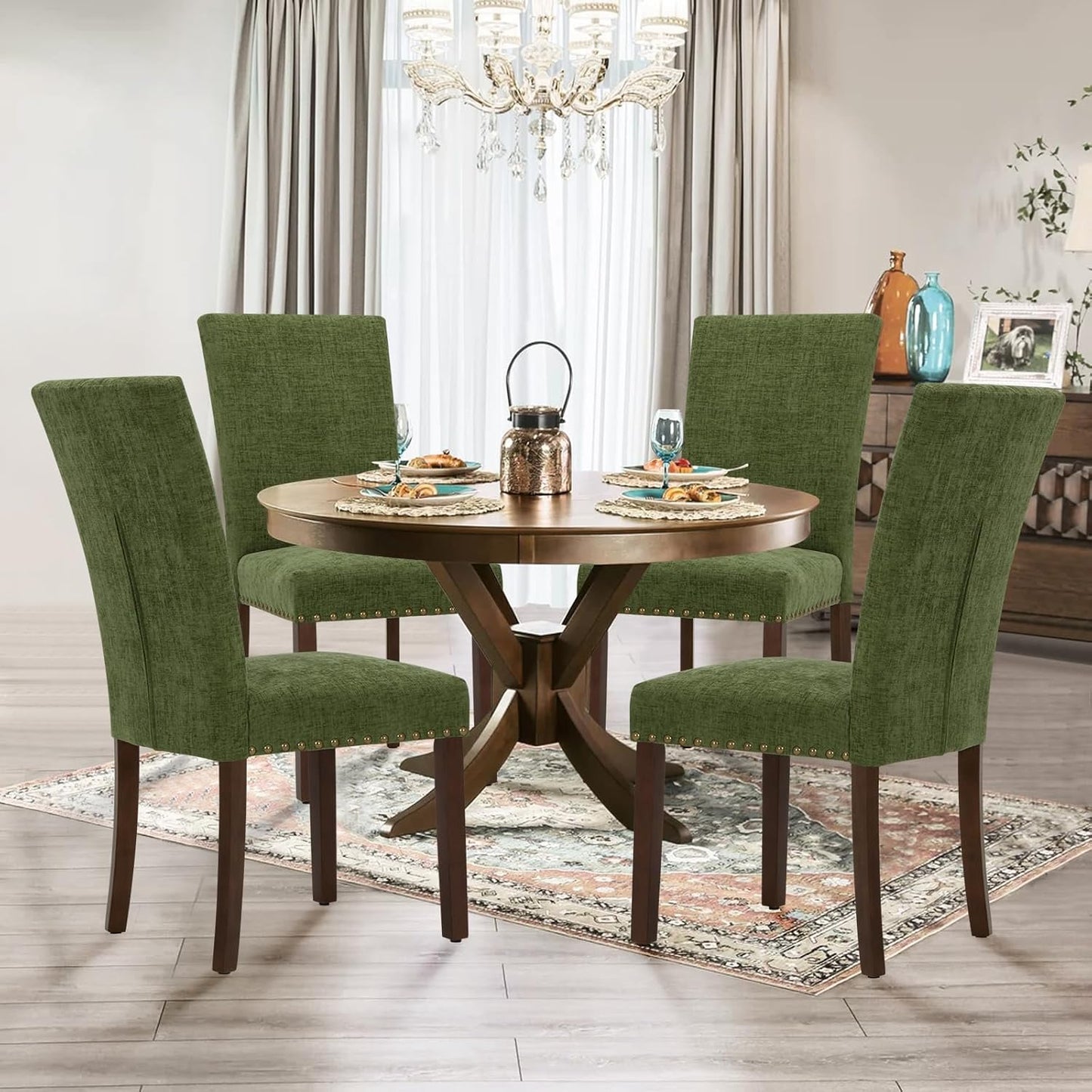 Parsons Dining Chairs Set of 2, Upholstered Nailhead Dining Room Kitchen Side Chair with Thick Cushions and Wood Legs, Green