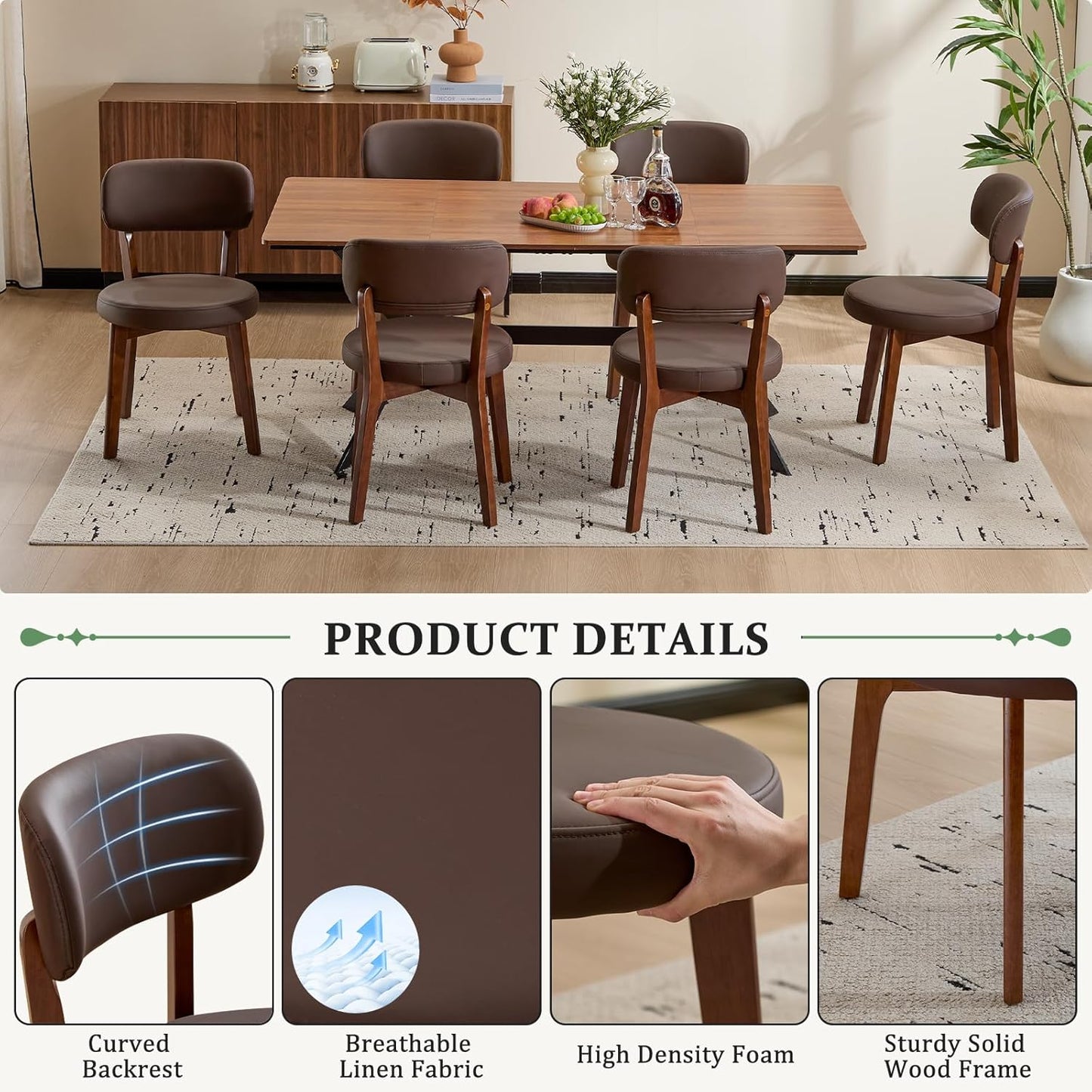 Furniliving Wooden Dining Chairs Set of 4, Mid-Century Modern Leather Upholstered Kitchen Chair with Solid Oak Wood, Farmhouse Dining Room Chairs, Brown