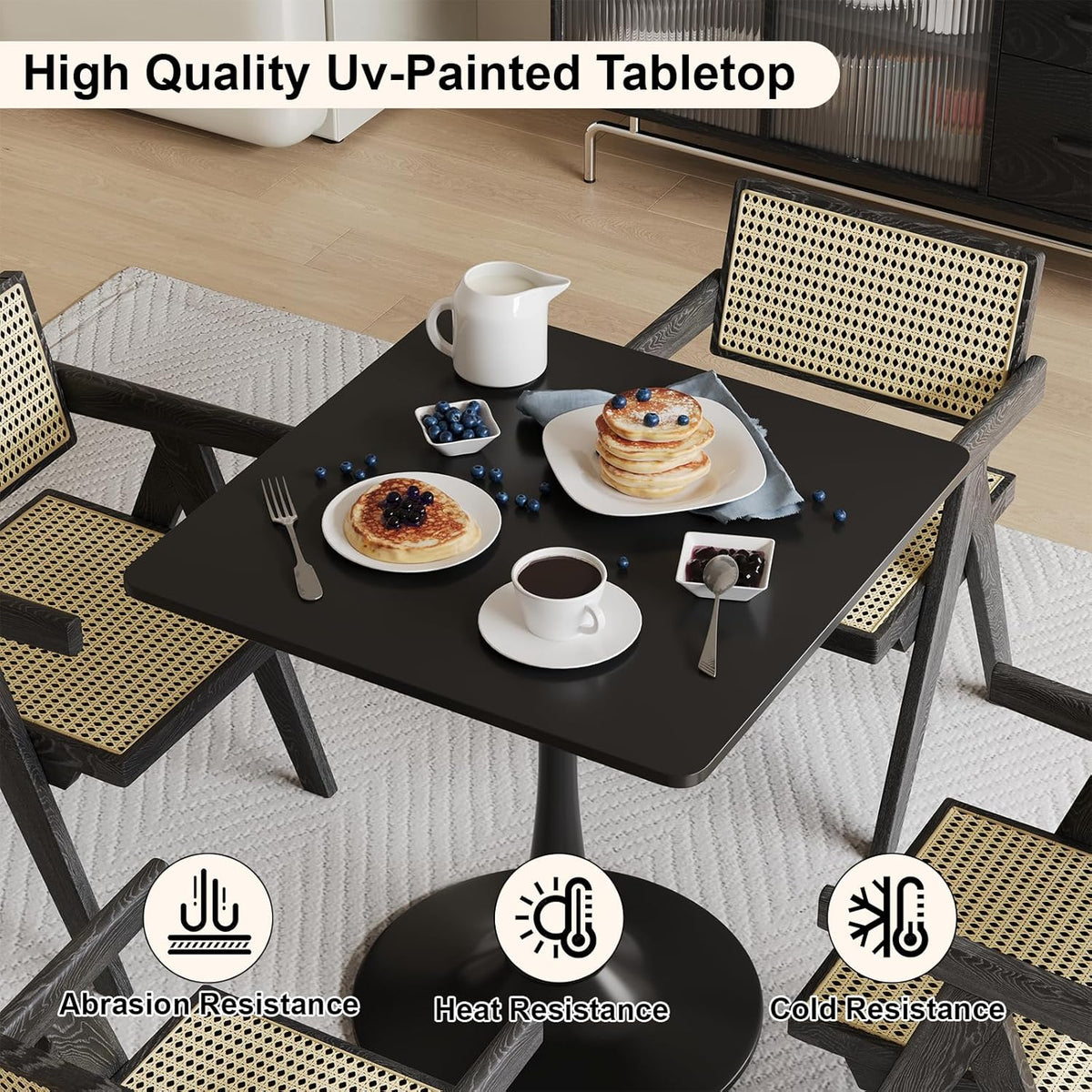 24" Black Small Dining Table for 2 or 4, Small Square Tulip Table for Kitchen, Round Corner Wood Bistro Table, Mid Century Modern Tables with Sturdy Pedestal for Living Room, Cafe, Office, Pub, Bar