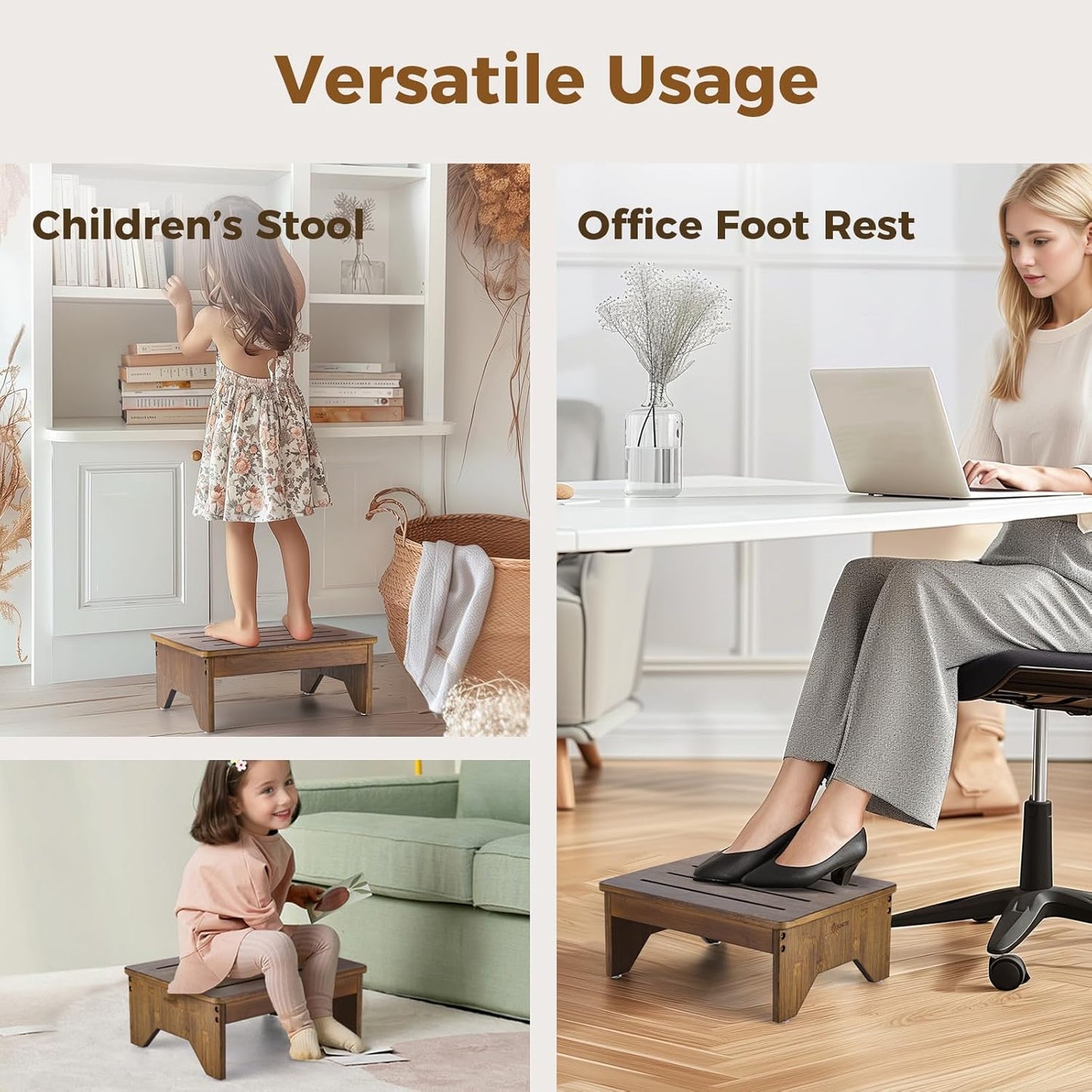 StrongTek Bamboo Bed Step Stool for Adults & Kids – Wide 16" Platform, 300 lbs Capacity, Non-Slip Drainage Surface, 6.5" Height Safe Bedside Stool, Bathroom Shower Step & Office Foot Rest (Brown)