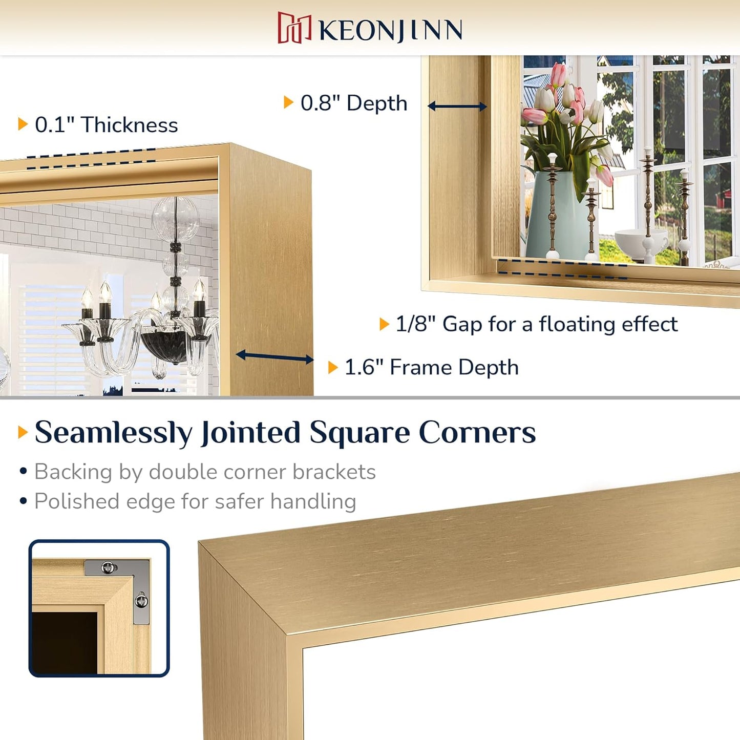 Keonjinn Brushed Gold Bathroom Mirror 42 x 36 Inch Metal Frame Rectangular Large Wall Mirror for Bathroom Sink Gold Vanity Mirror for Over Sink Aluminum Alloy Rectangle Mirror(Horizontal/Vertical)